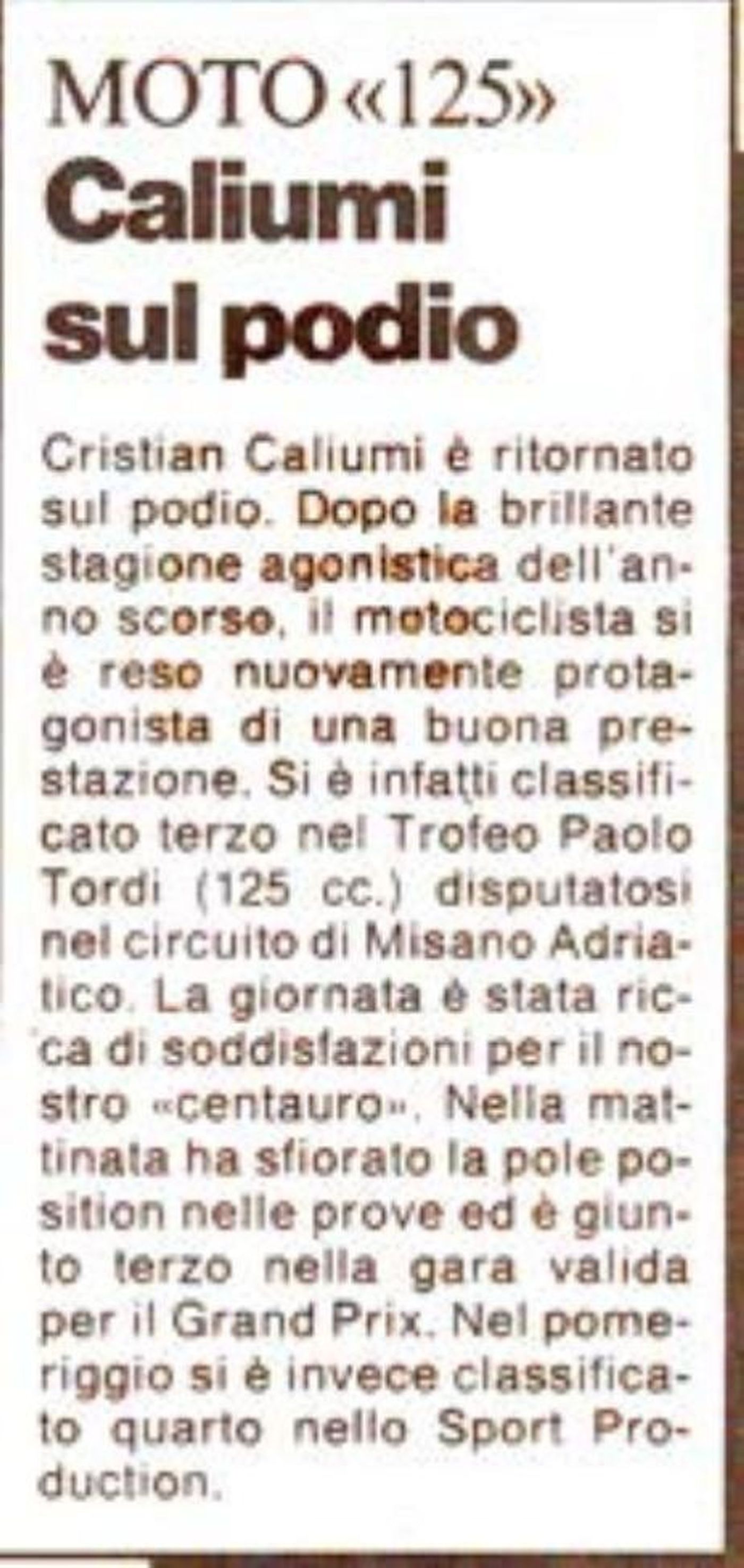 Ritaglio di giornale del 1992: Caliumi terzo nel Trofeo Paolo Tordi 125 a Misano