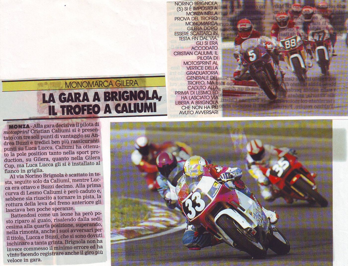 Articolo di Motosprint del 1991: la gara di Monza a Brignola, il Trofeo Gilera a Cristian Caliumi