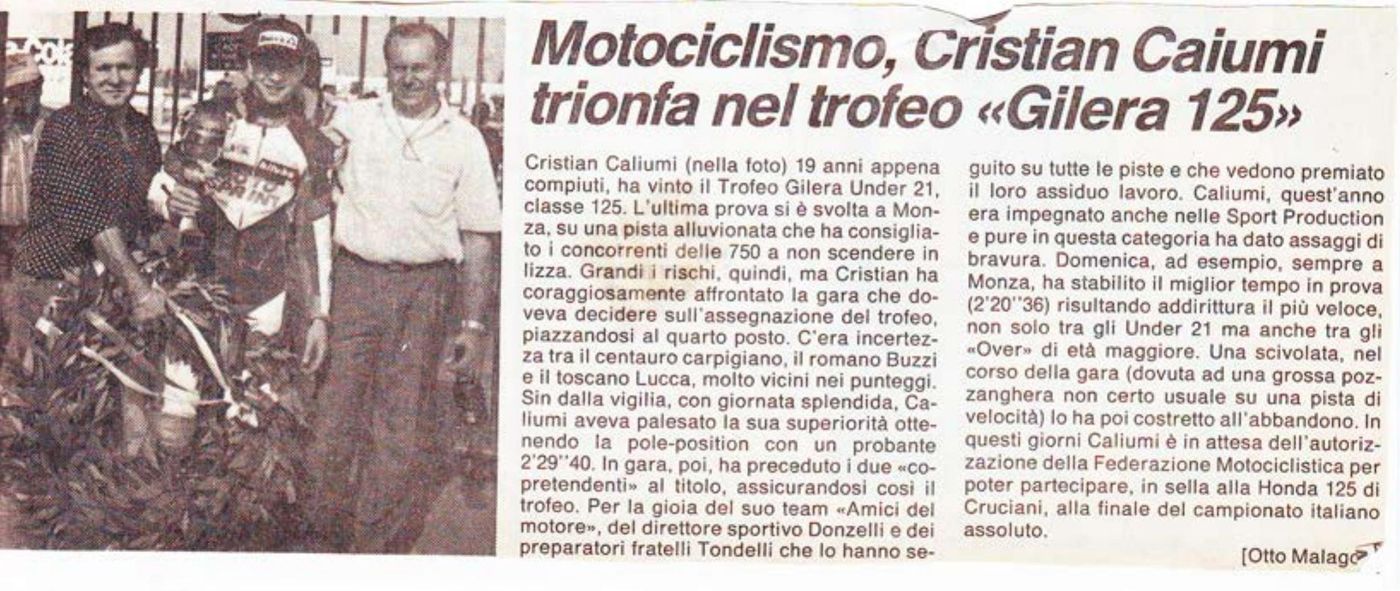 Articolo della Gazzetta di Modena del 1991: Cristian Caliumi trionfa nel Trofeo Gilera 125