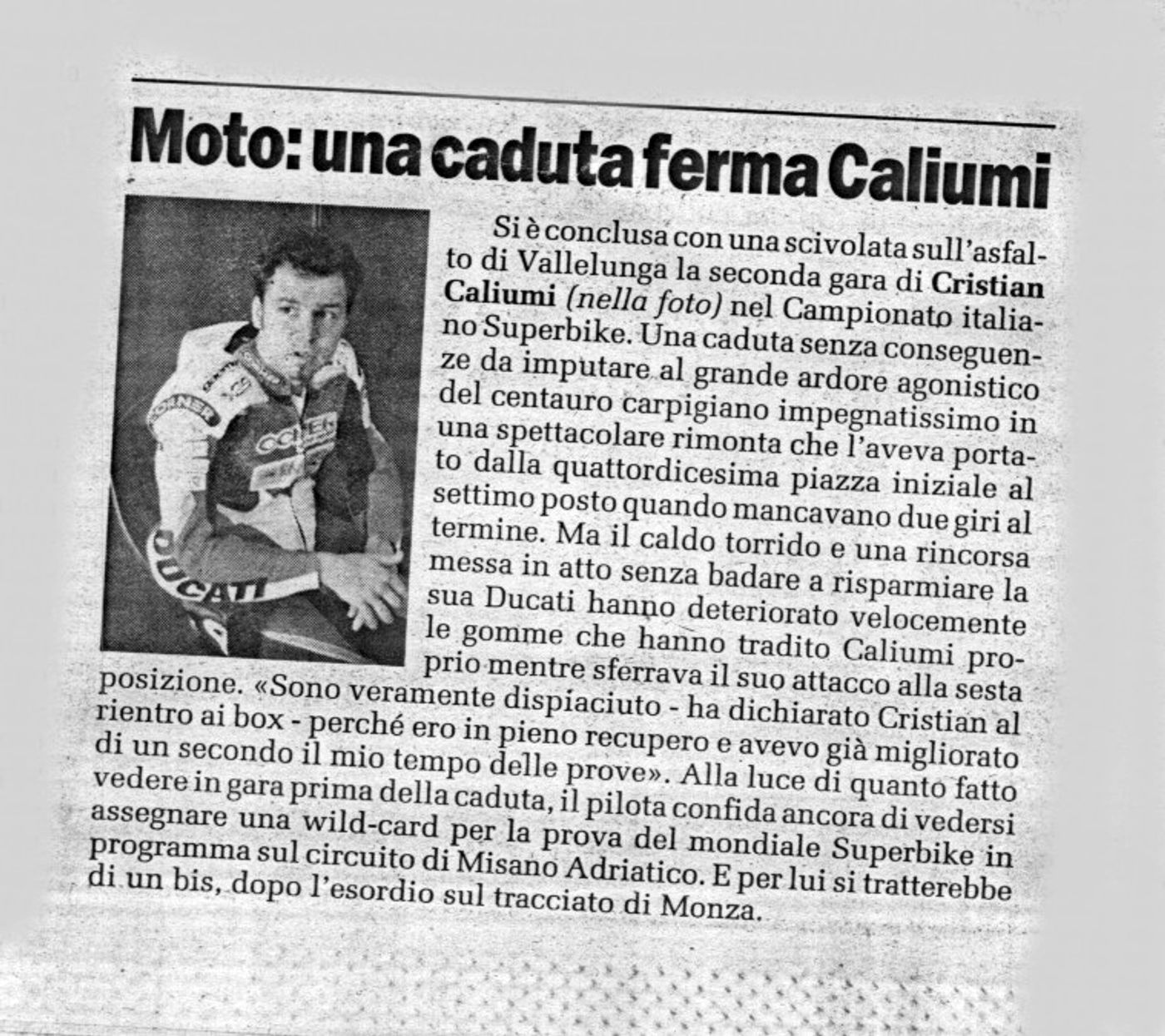 Ritaglio de La Voce del 21 giugno 2002: «Moto: una caduta ferma Caliumi», sulla caduta di Cristian Caliumi a Vallelunga nel Campionato Italiano Superbike