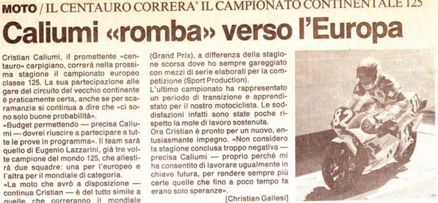 Articolo di giornale: Caliumi «romba» verso l'Europa, il centauro di Carpi correrà il campionato europeo 125