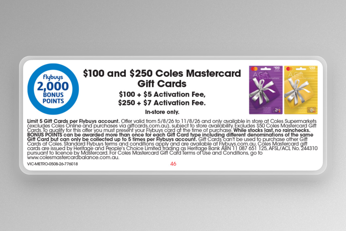 Earn 2,000 Flybuys points on Coles Mastercard Gift Cards