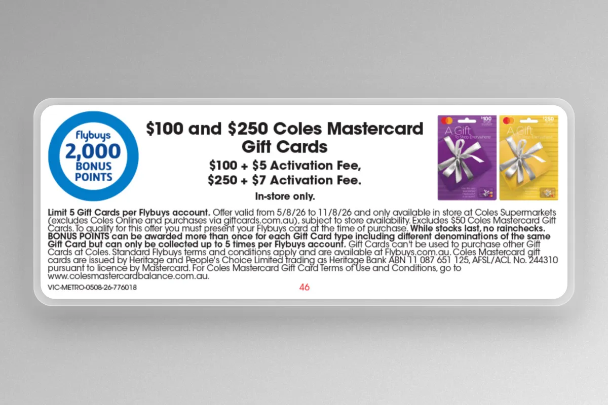 Earn 2,000 Flybuys points on Coles Mastercard Gift Cards