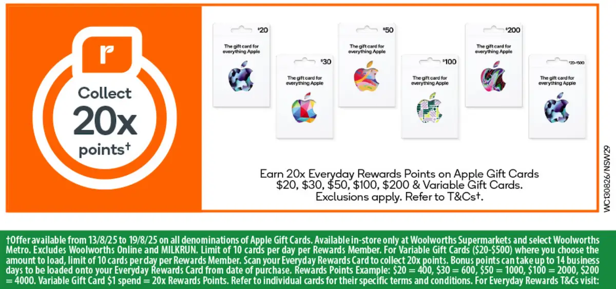 Bonus Everyday Rewards Points on gift cards at Woolworths