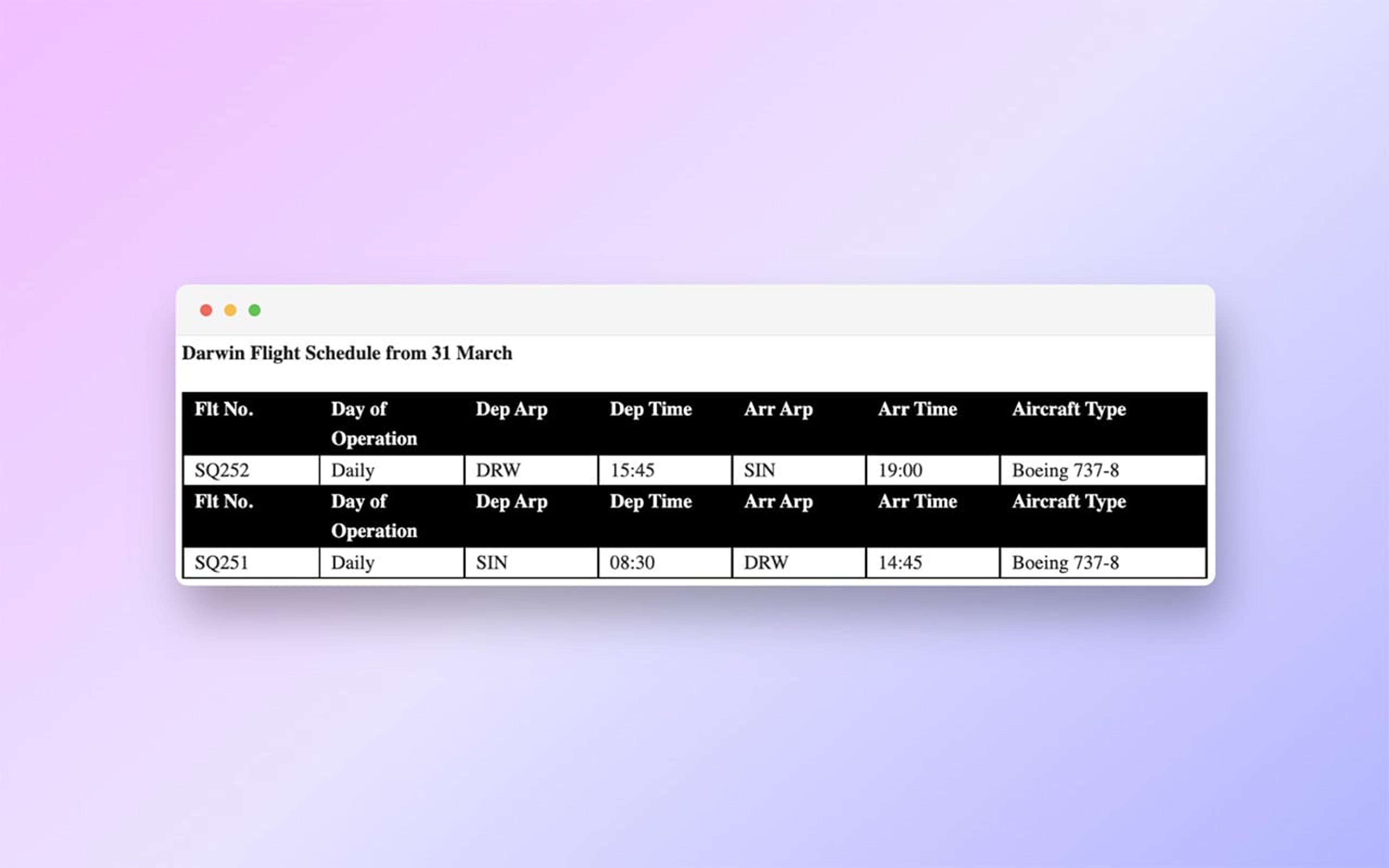 Darwin Schedule