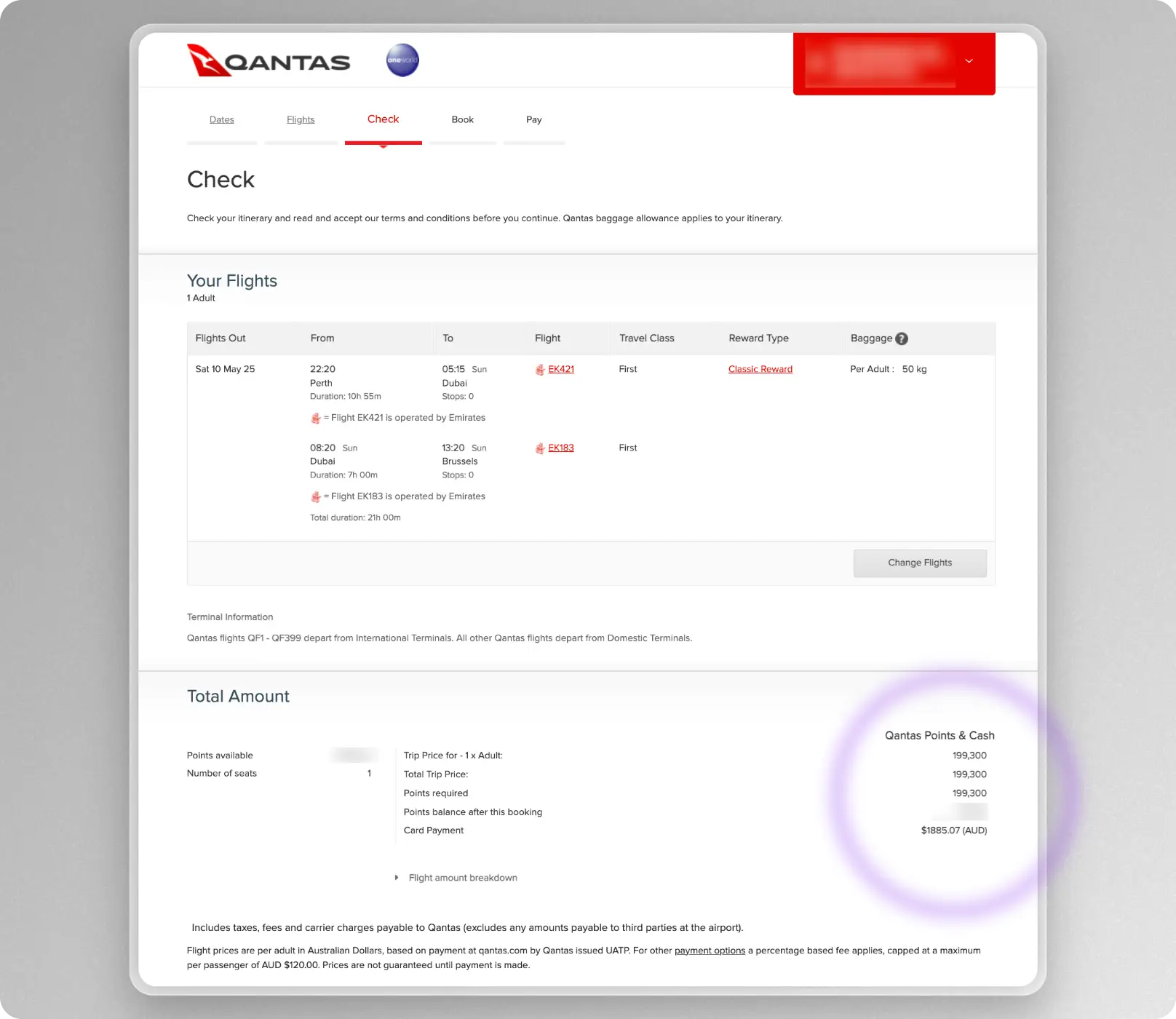 Emirates First & Business Class award fees
