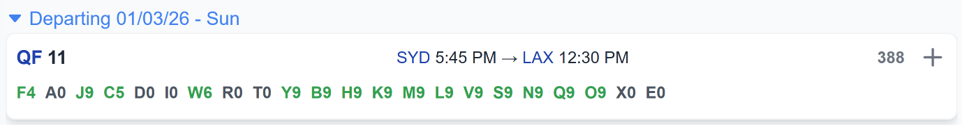 ExpertFlyer fare availability for QF11 Sydney to Los Angeles departing Sunday 1 March 2026