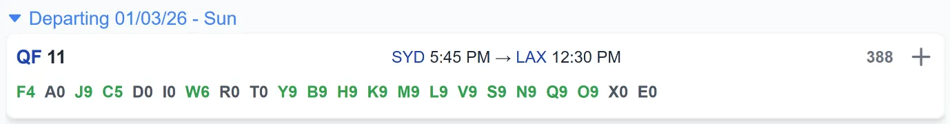 ExpertFlyer fare availability for QF11 Sydney to Los Angeles departing Sunday 1 March 2026