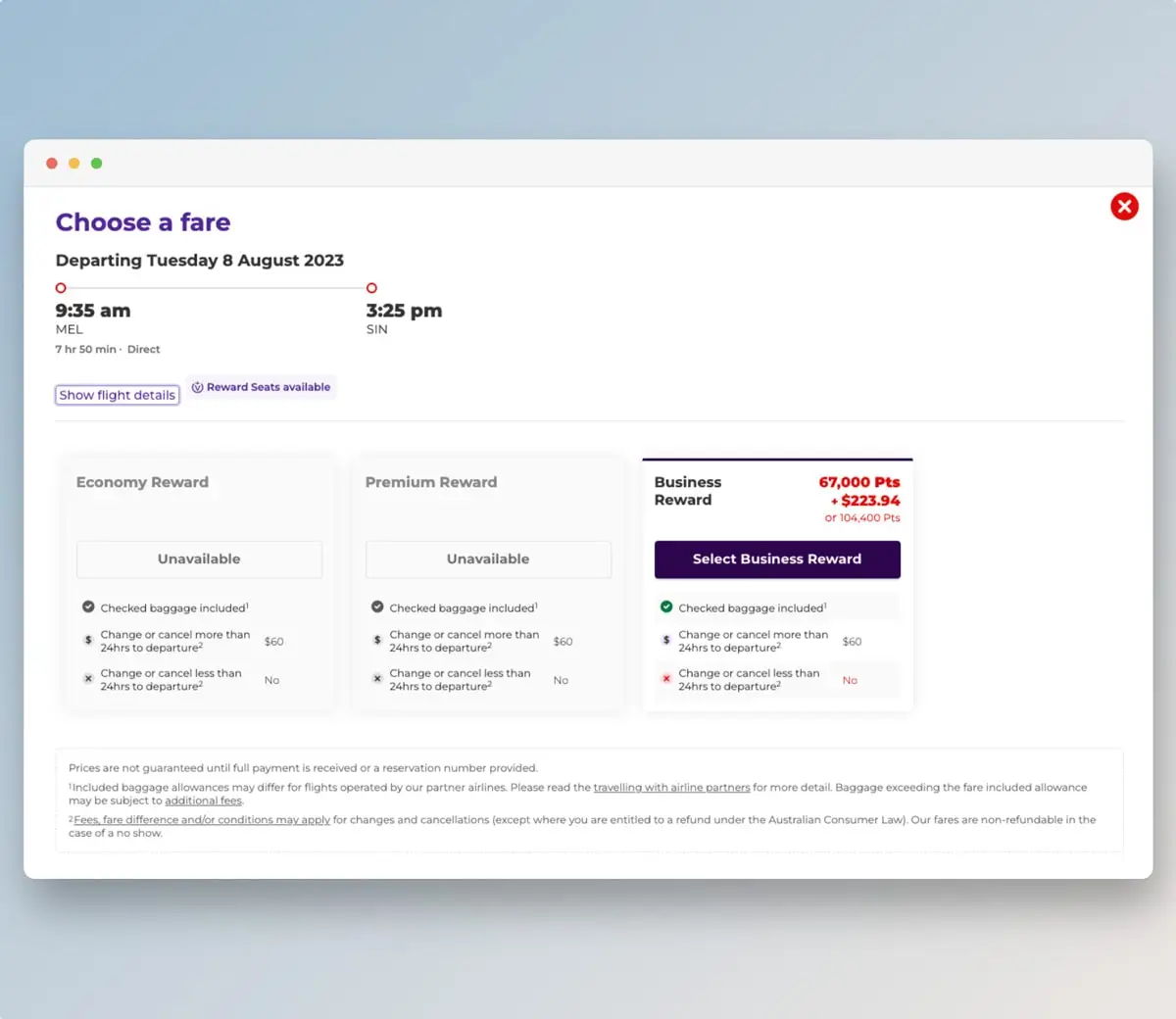 Singapore business class flight with velocity points