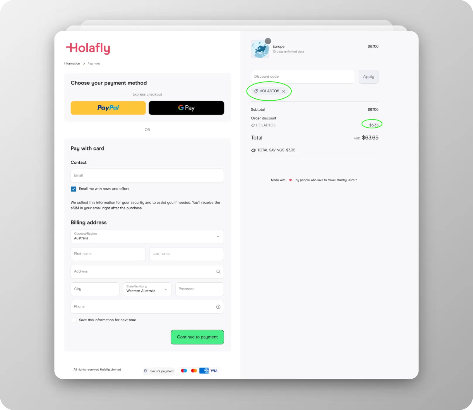 how to use a Holafly discount code