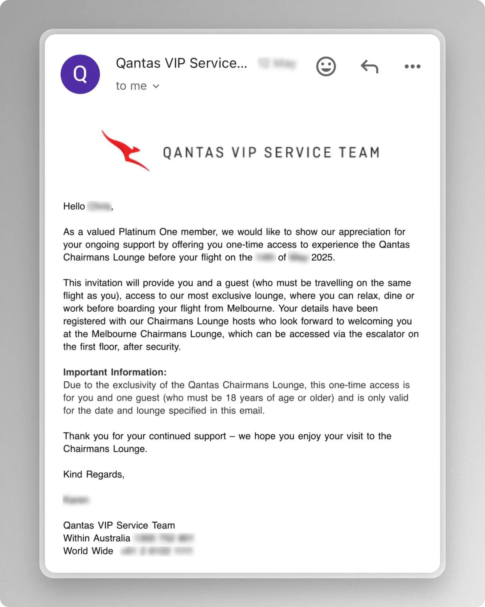 Qantas Opens Chairman's Lounge For Platinum One Members