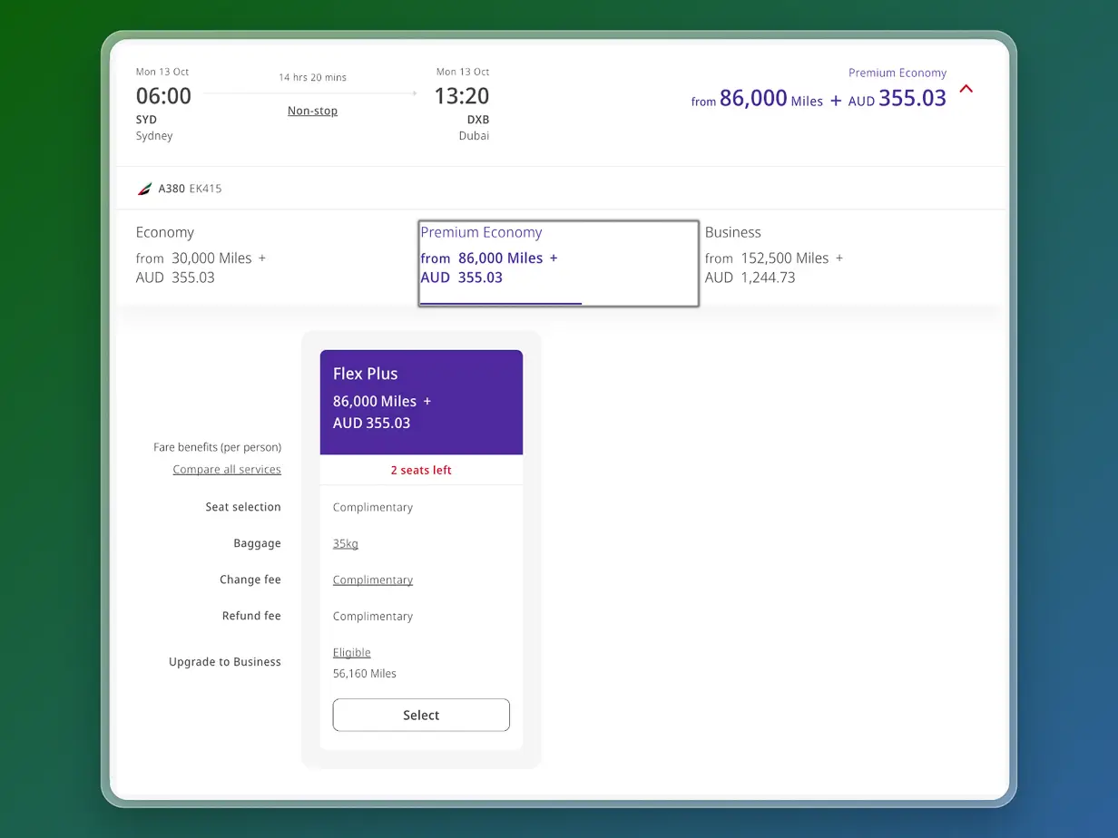Flight Hacks imageEmirates Skywards Premium Economy Redemption SYD-DXB
