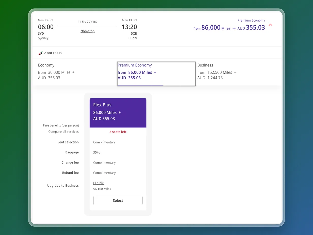 Flight Hacks imageEmirates Skywards Premium Economy Redemption SYD-DXB
