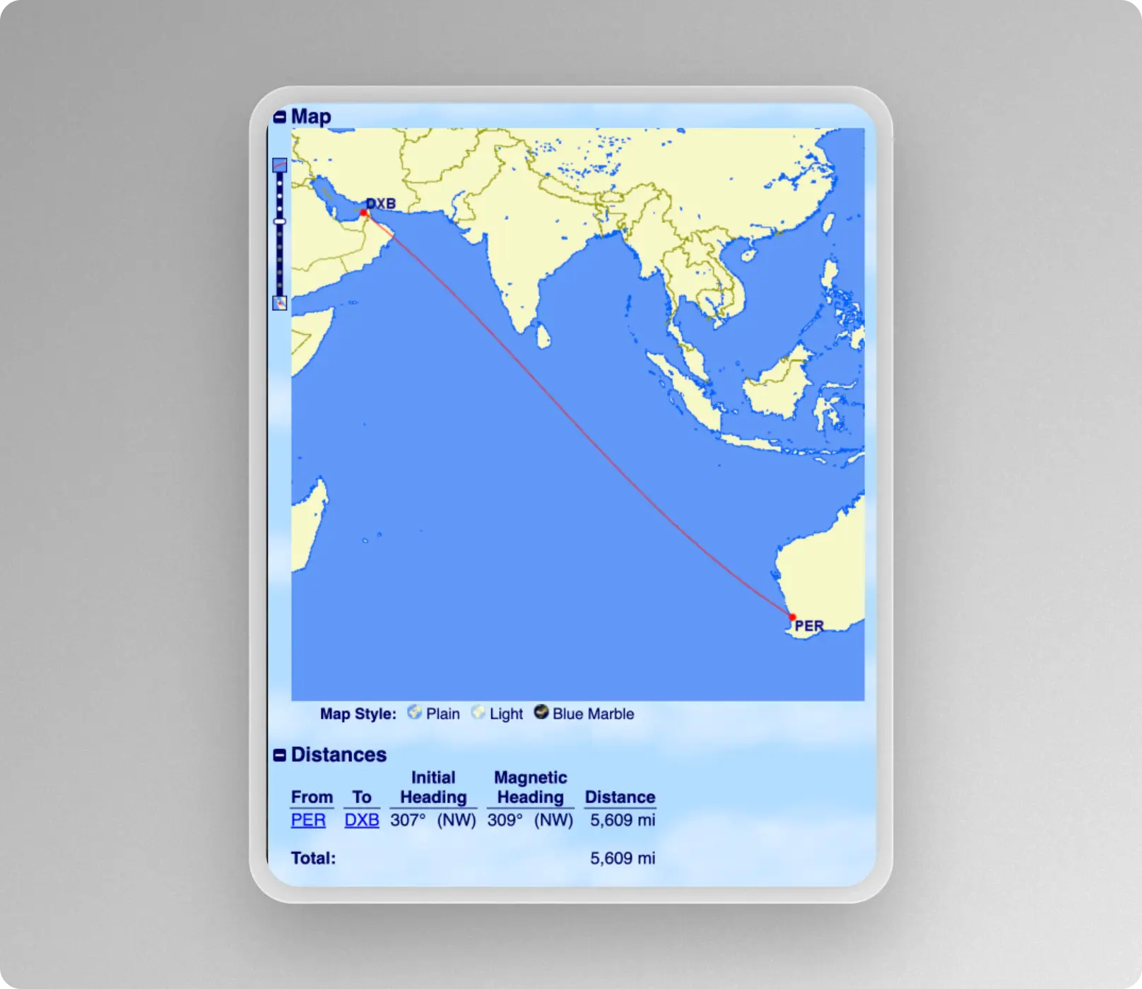 GCMAP Perth to Dubai