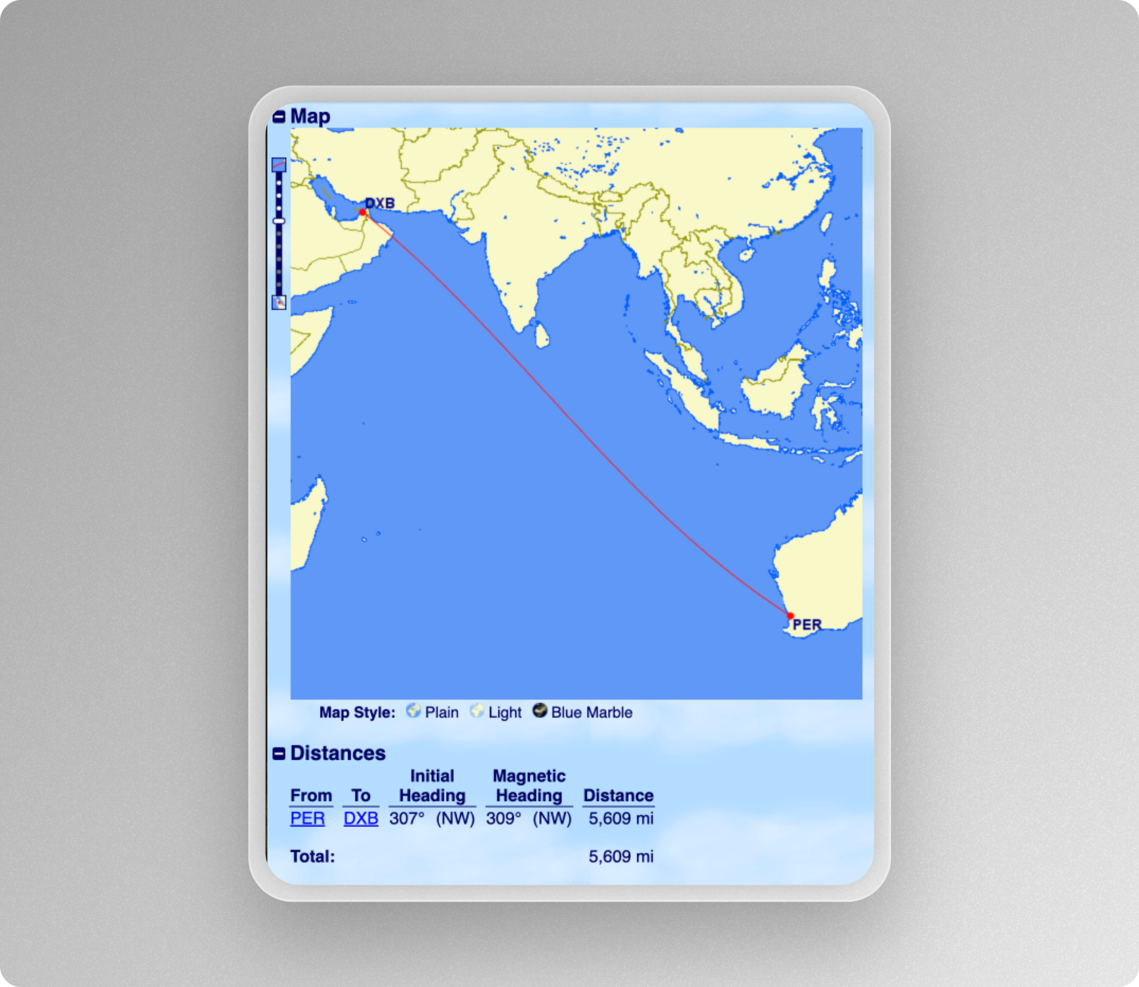 GCMAP Perth to Dubai