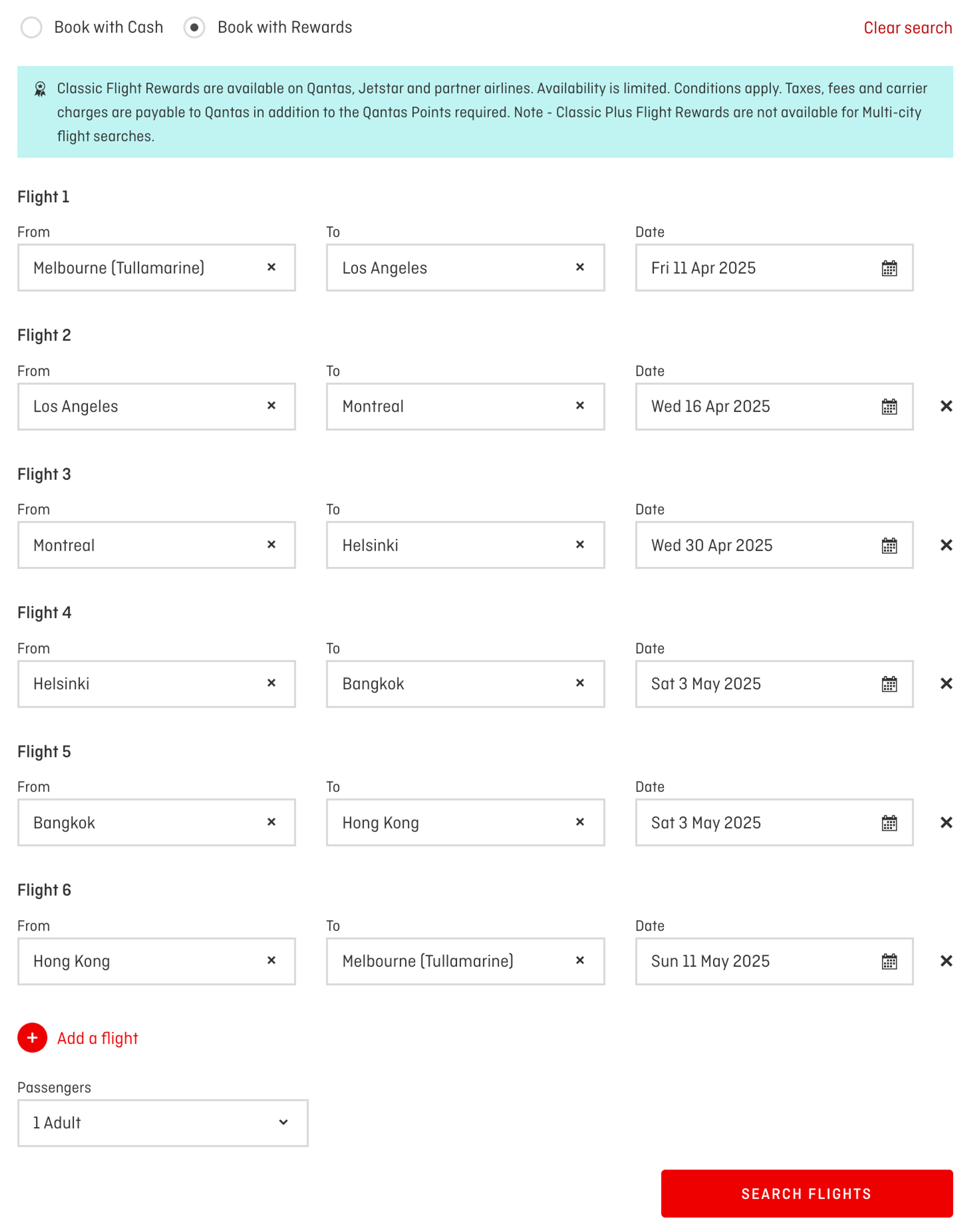 Enter each leg into the Qantas multi-city booking tool.