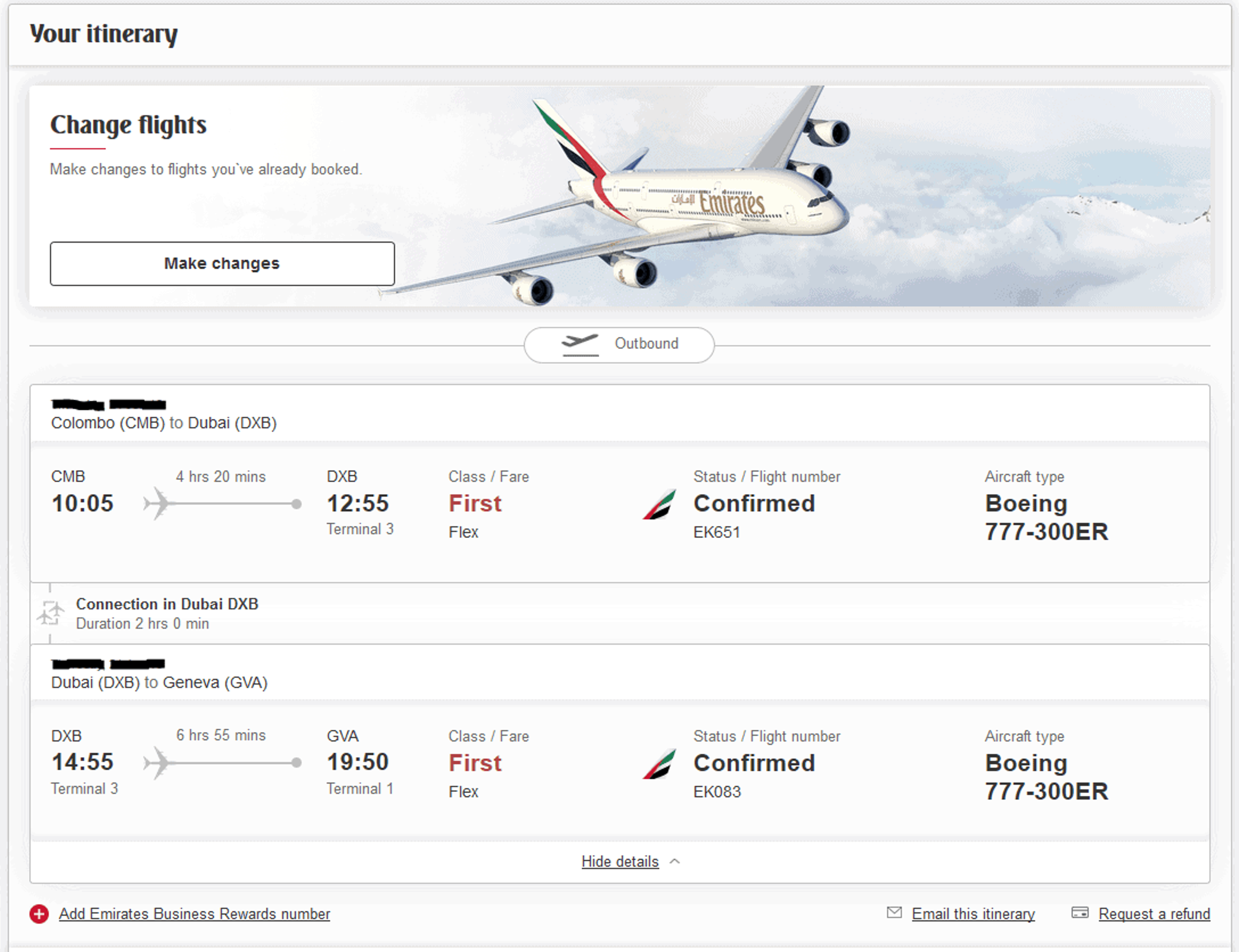 New Emirates First Class Itinerary