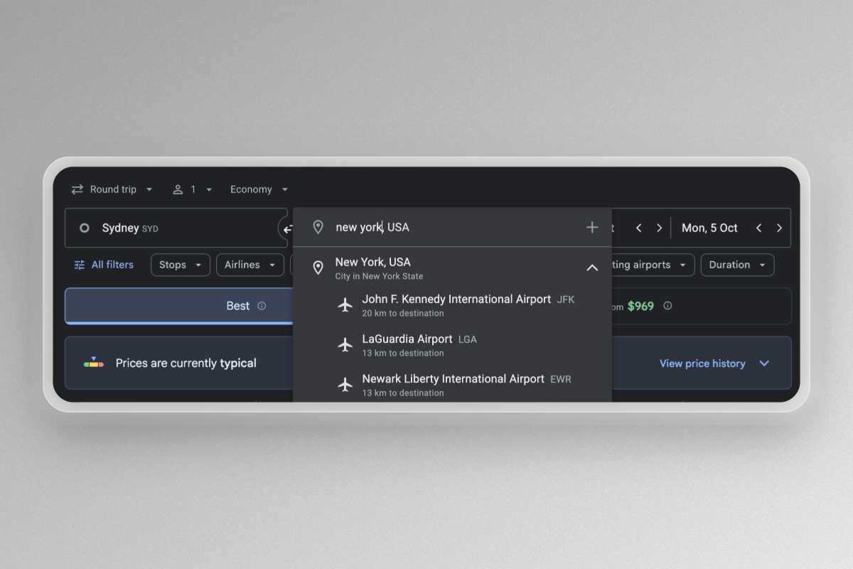 Google Flights offers multiple-airport searches