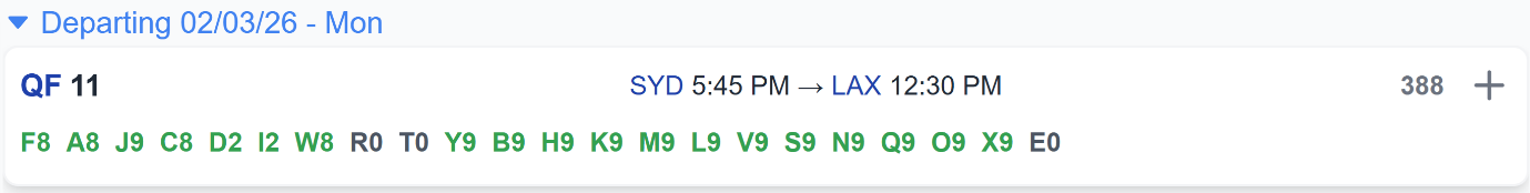 ExpertFlyer fare availability for QF11 Sydney to Los Angeles departing Monday 2 March 2026