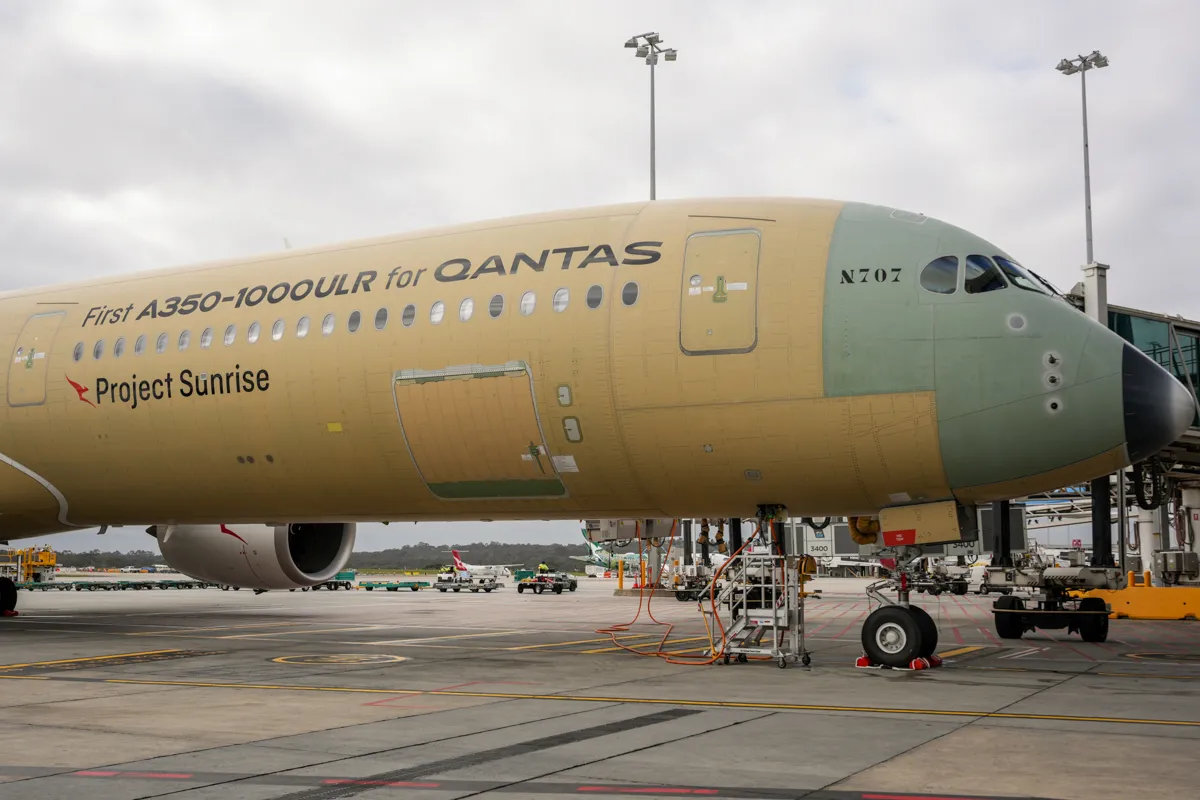 Qantas A350-1000ULR at Melbourne Airport after an Airbus test flight