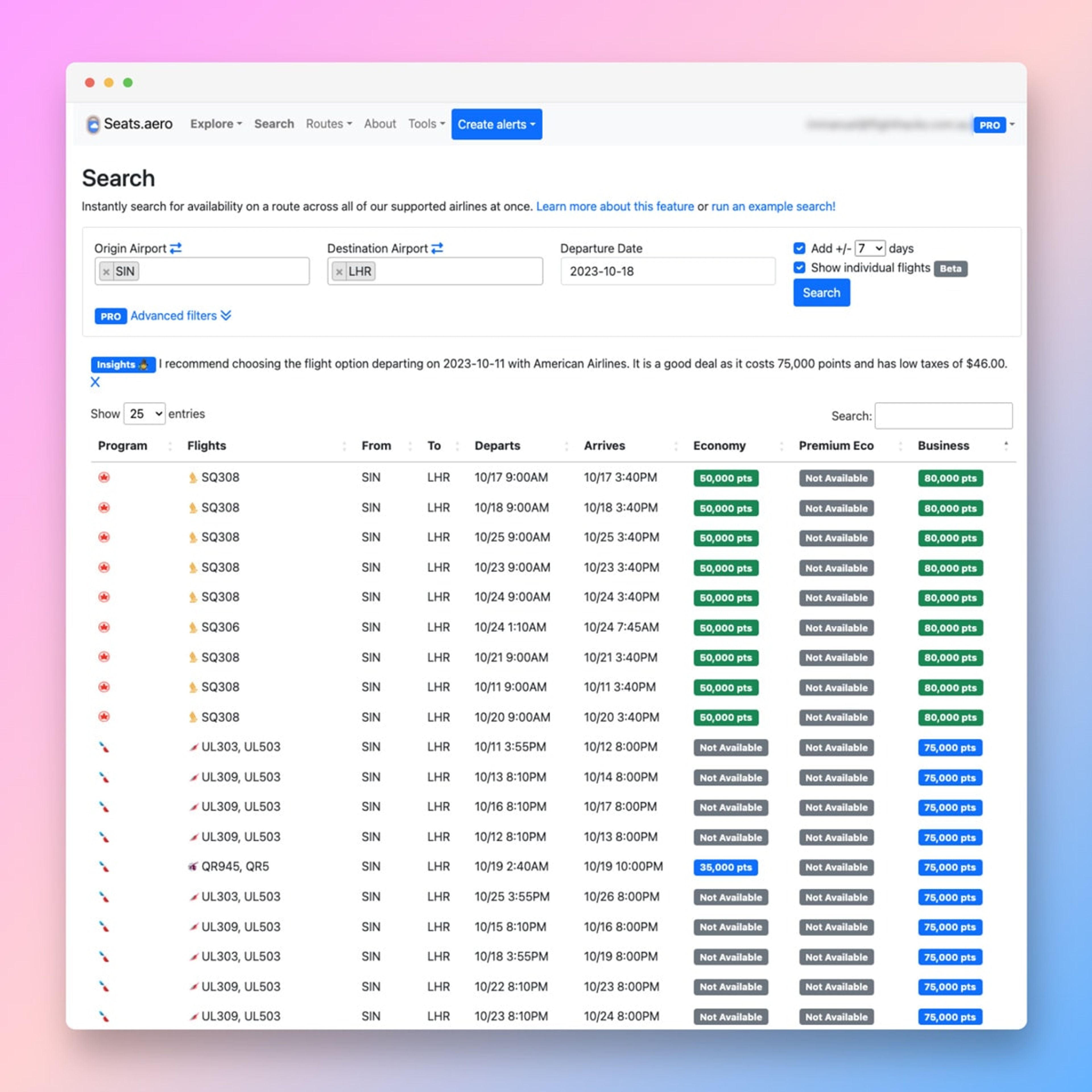 How to search for award space with seats aero