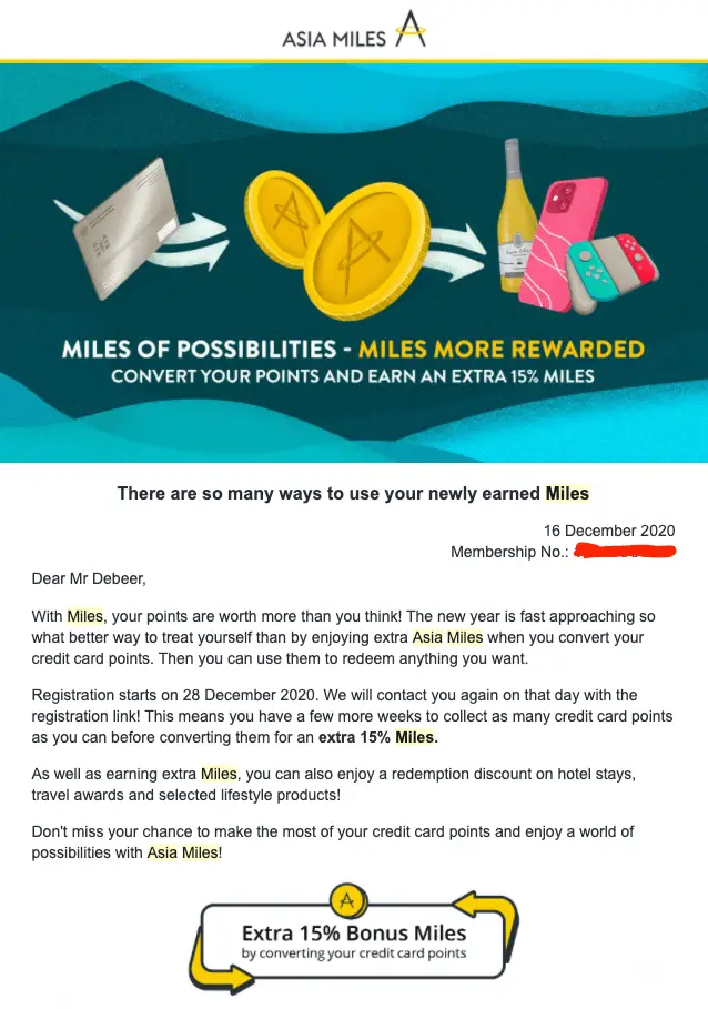 15% Bonus On Points Transfers To Asia Miles Miles of Possibility