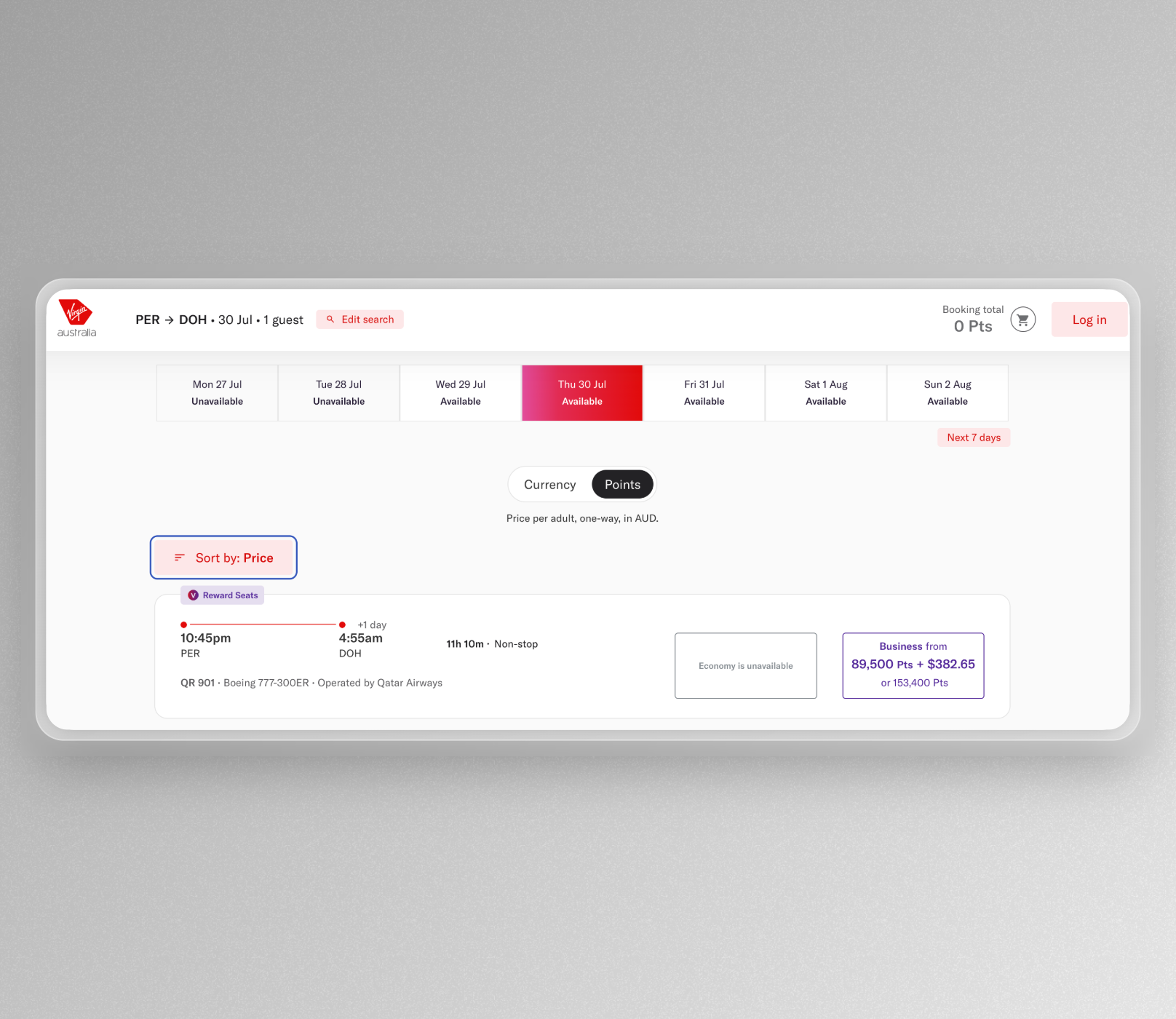 Velocity Reward Seat booking