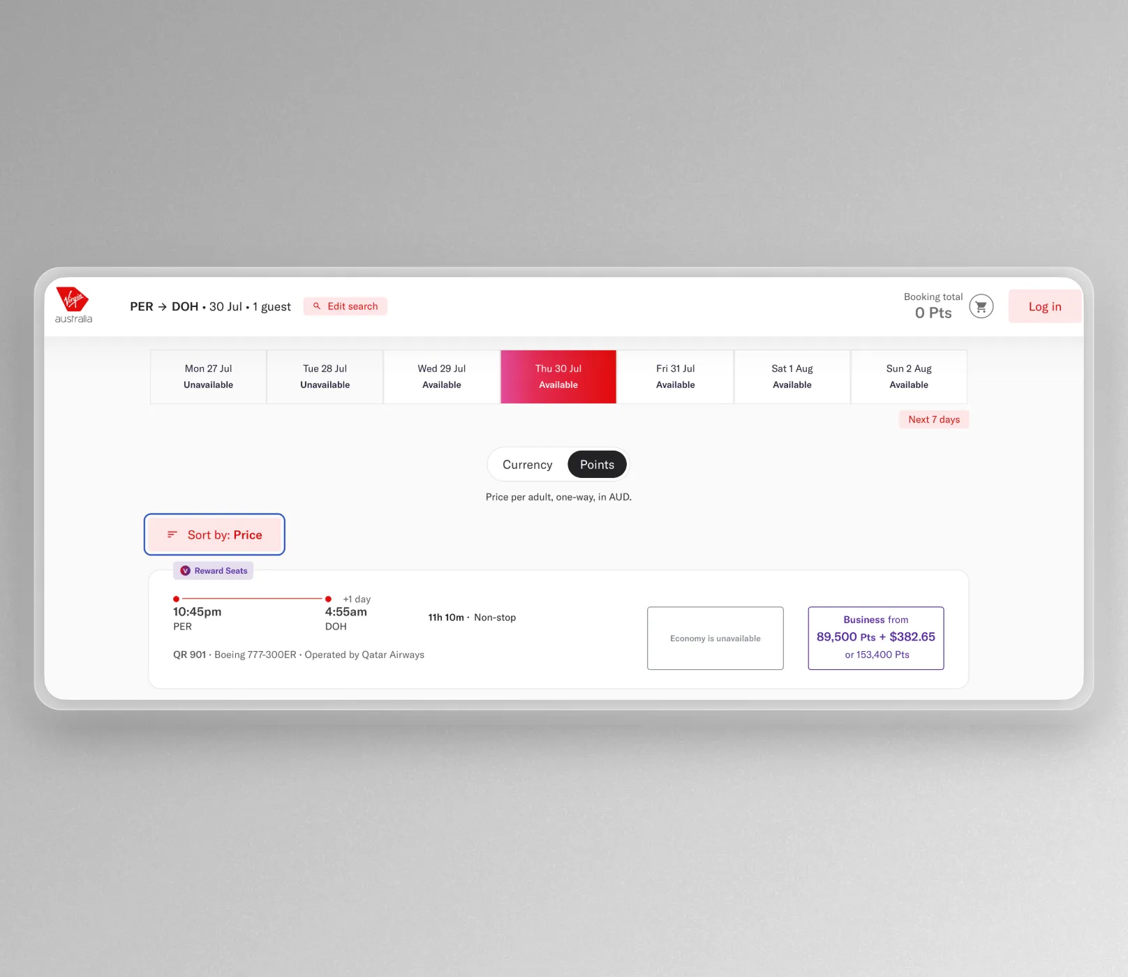 Velocity Reward Seat booking