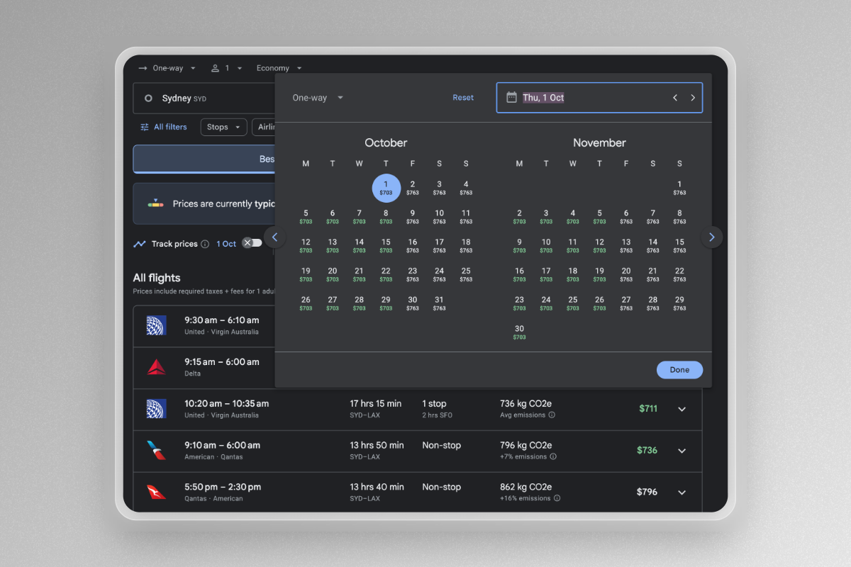 Calendar view shows the best price for a two-month window