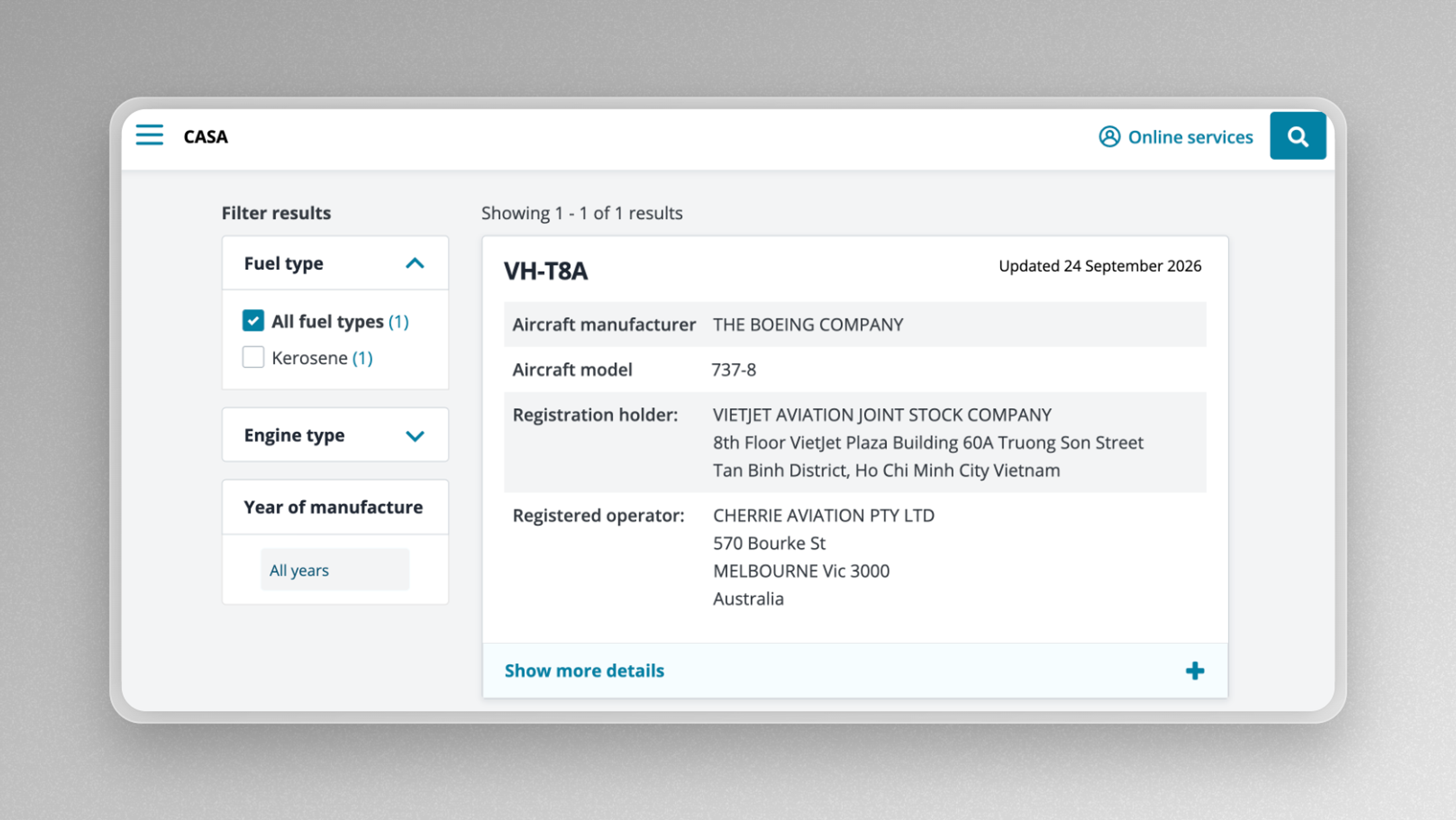 VietJet's VH-T8A on the CASA aircraft register