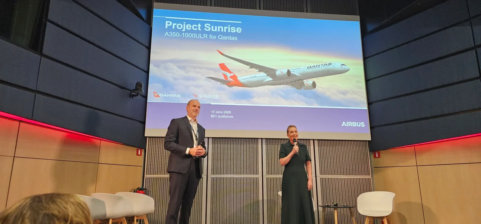 Qantas CEO Vanessa Hudson speaks to media at Airbus Toulouse