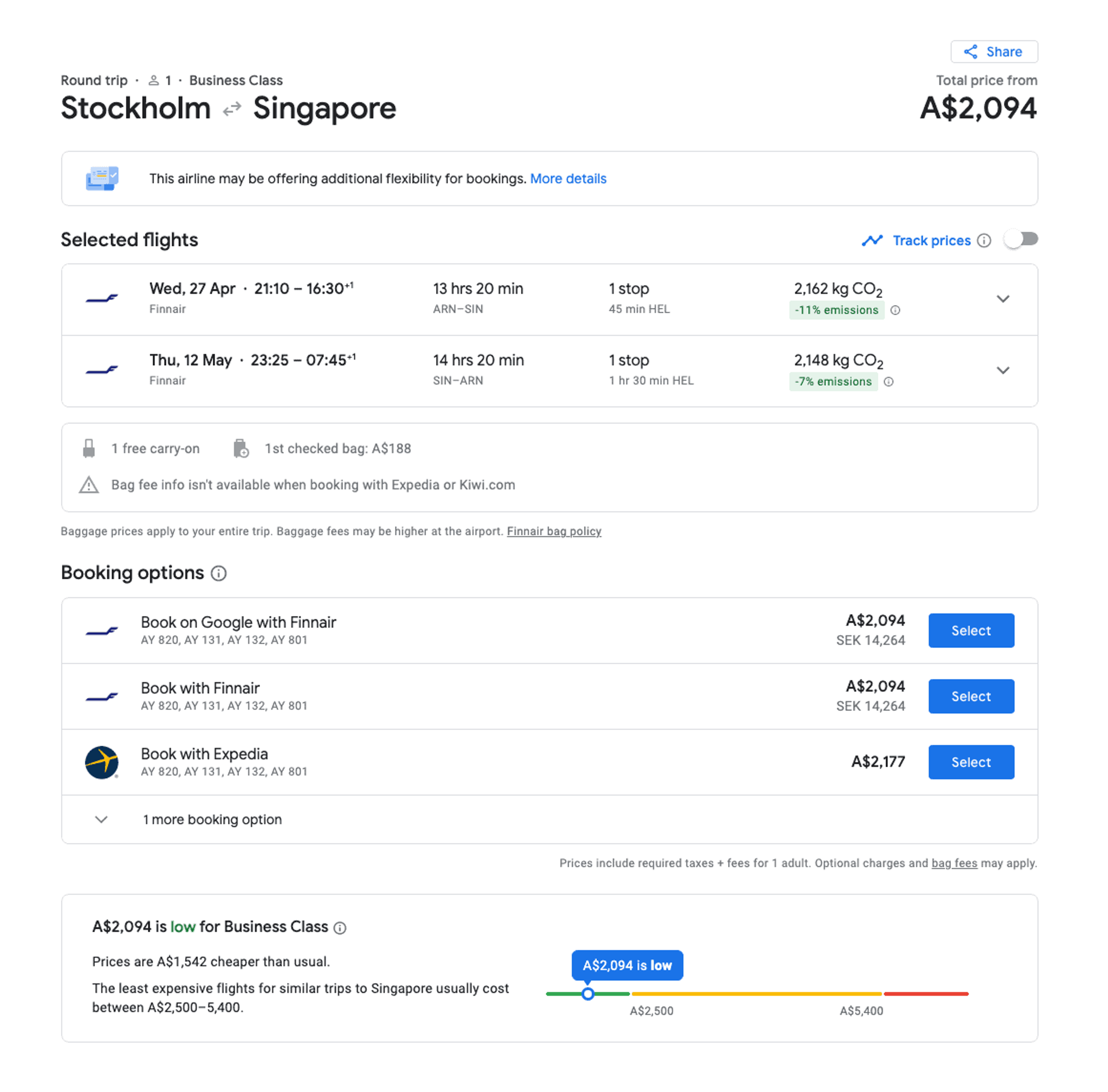 Stockholm to Singapore Flight Sample