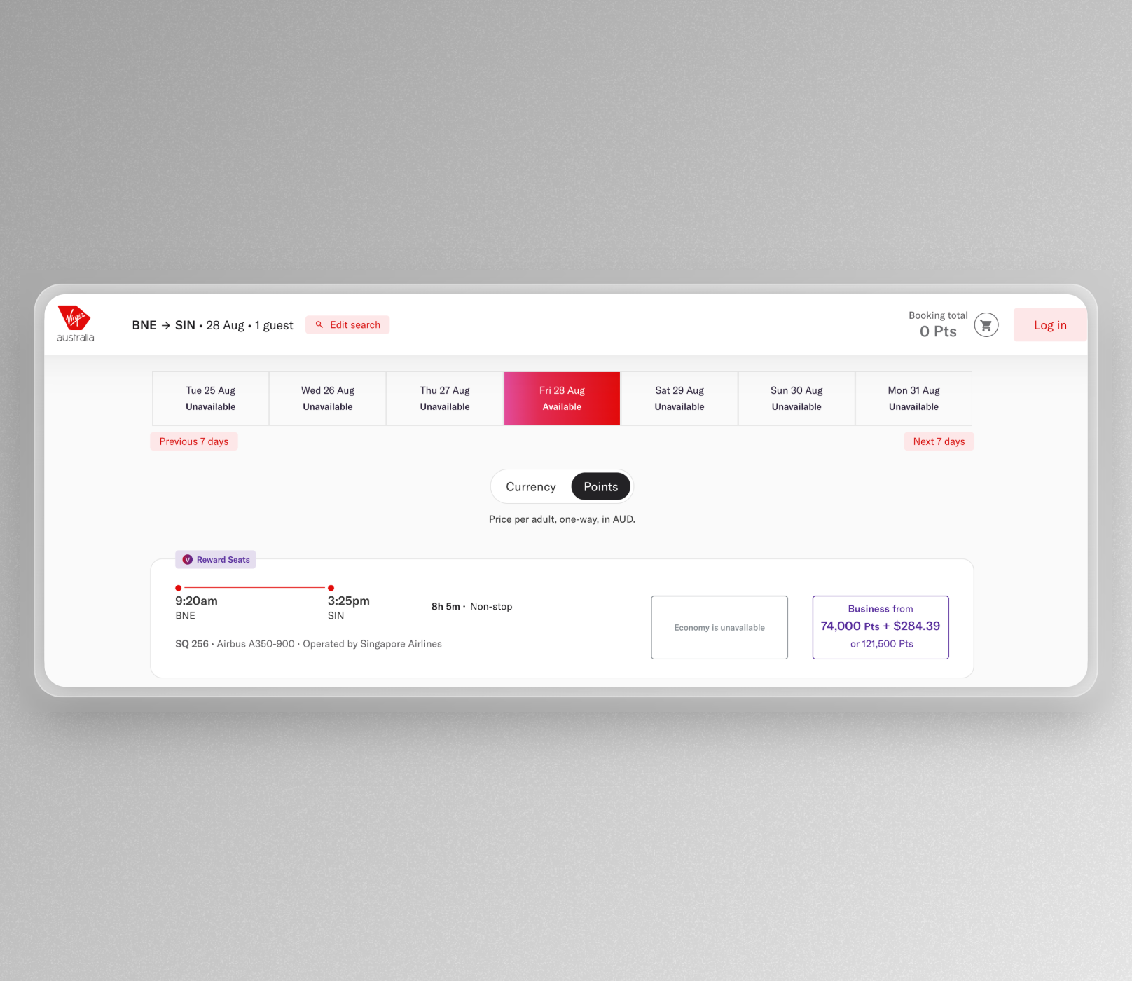 Velocity Reward Seat booking