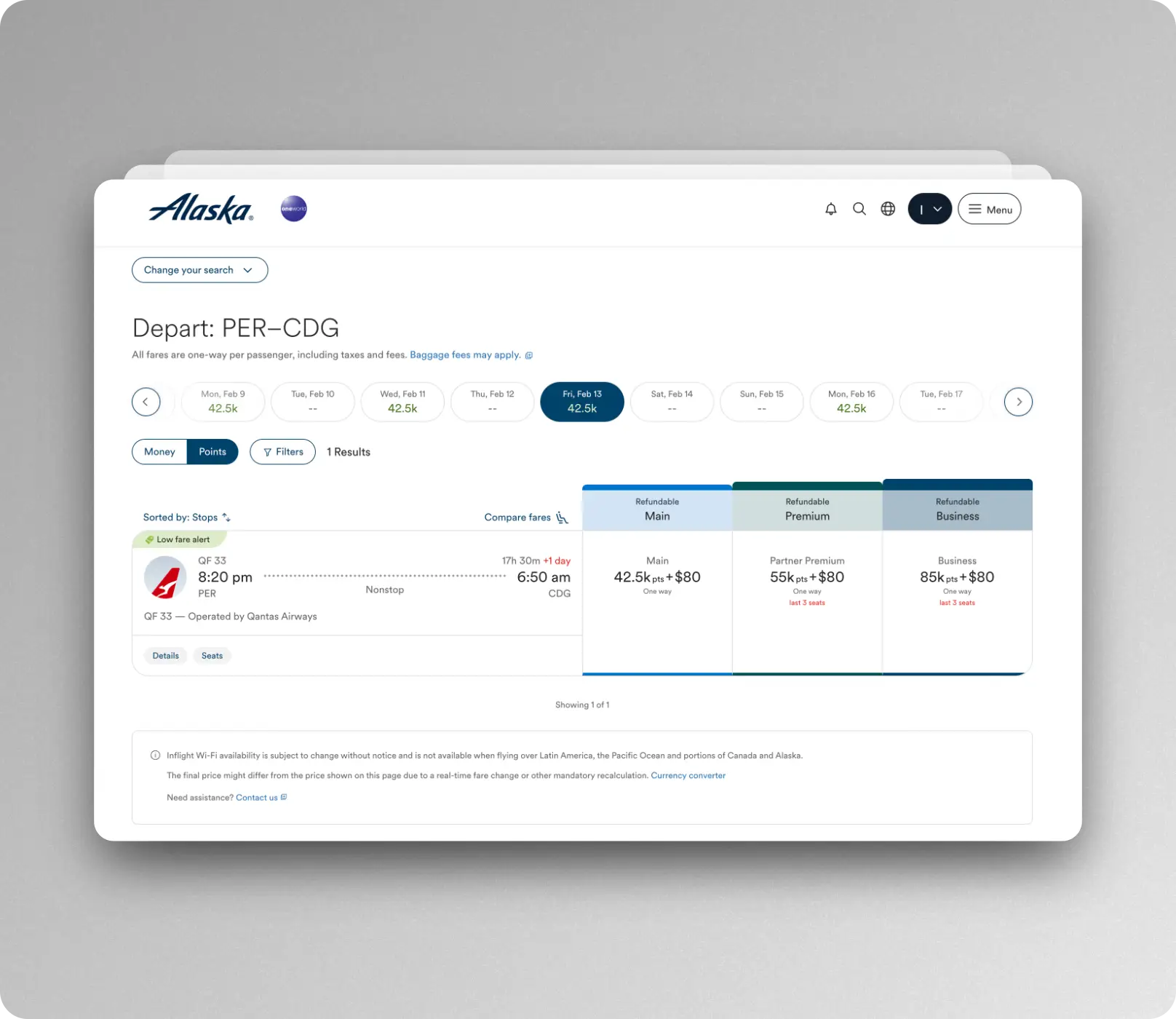 Use alaska Atmos Rewards to book Qantas Perth to Paris