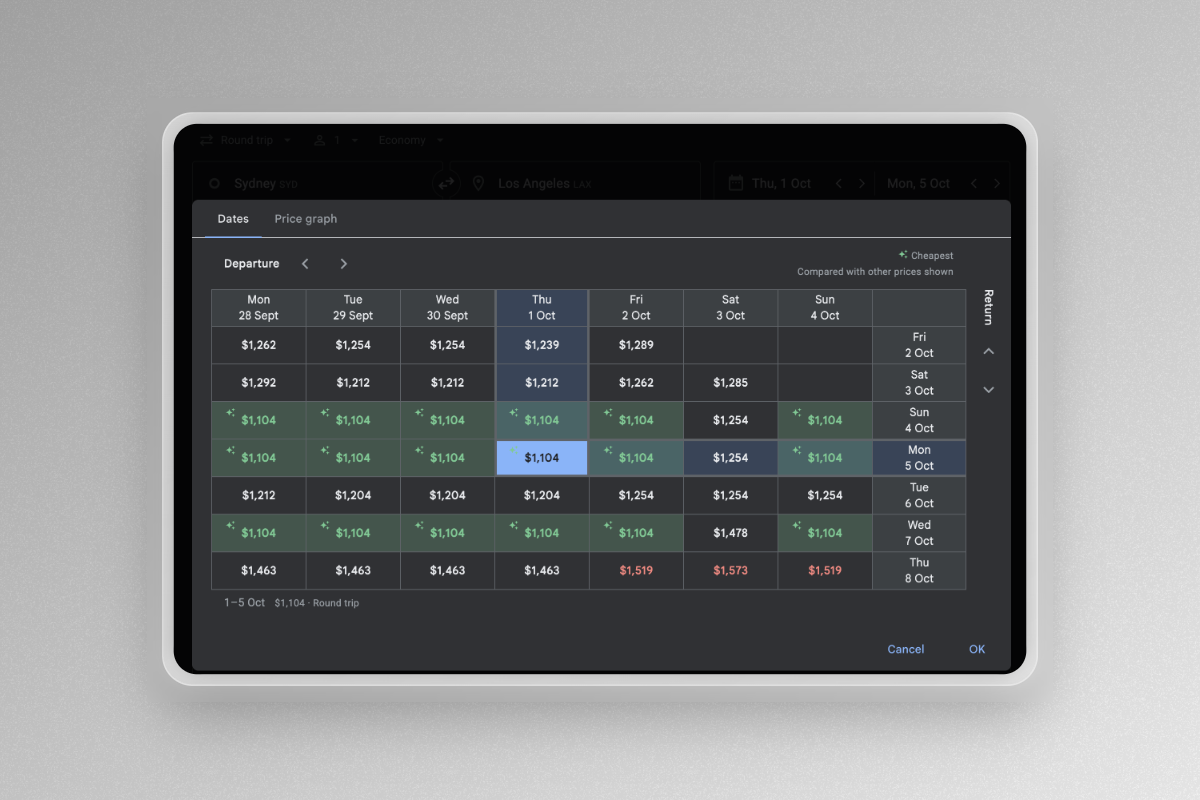 The Date Grid tool is an easy way to find cheap return flights