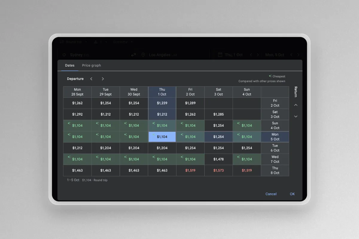 The Date Grid tool is an easy way to find cheap return flights