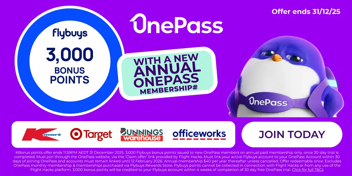 OnePass x Flight Hacks 3000 bonus Flybuys Points