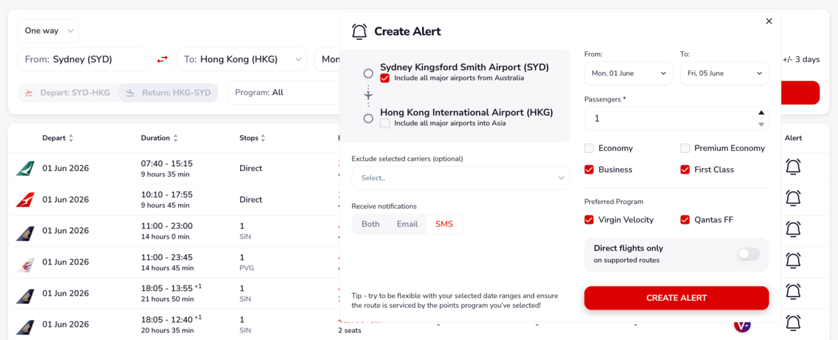 Creating Gyoza flights award alerts