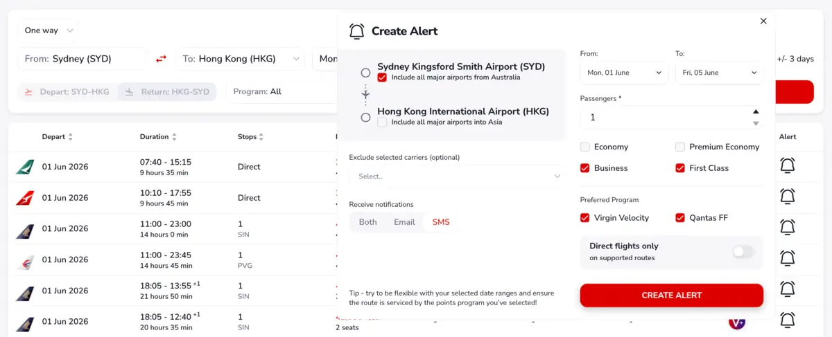 Creating Gyoza flights award alerts