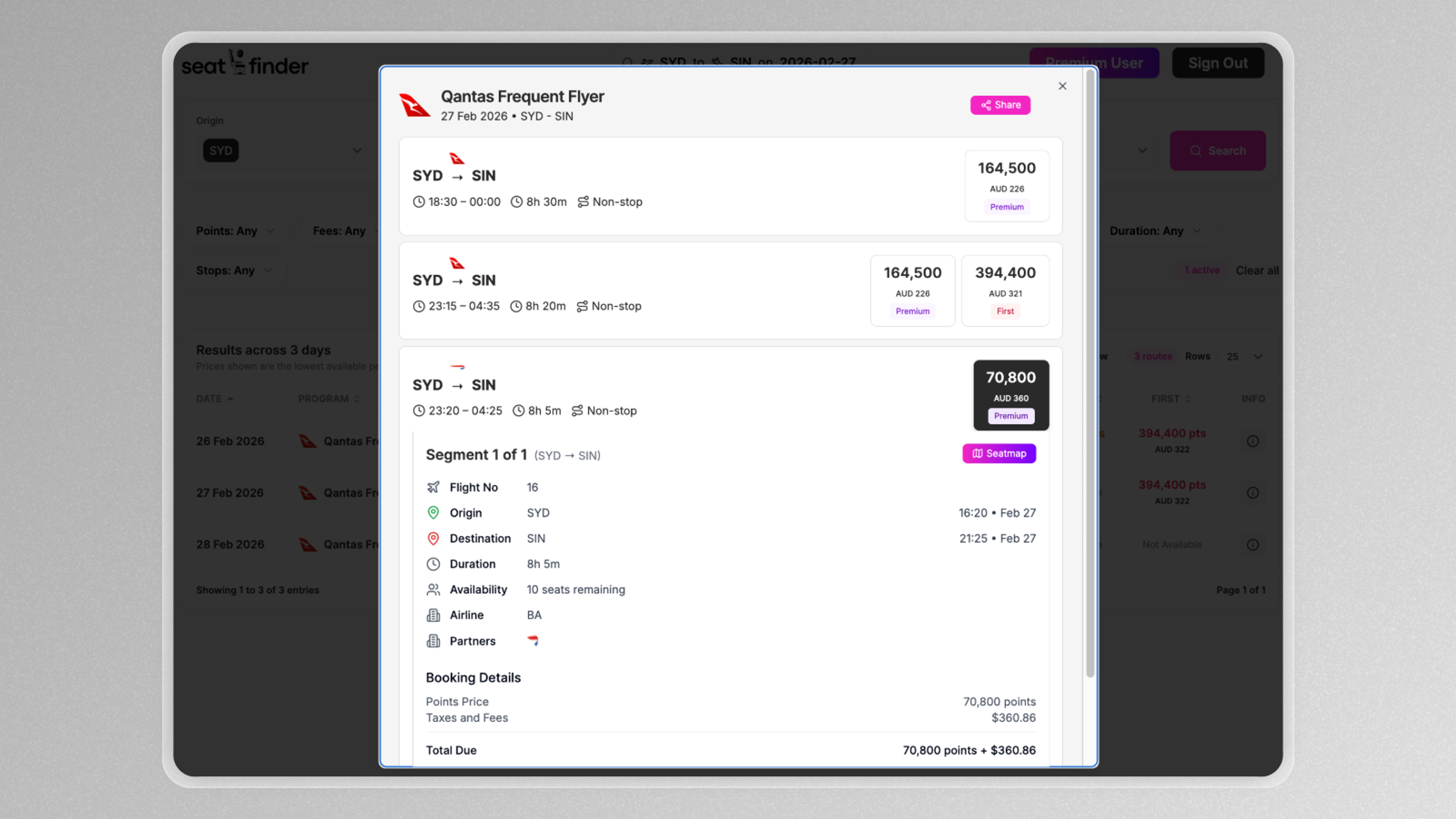 Seatfinder search results