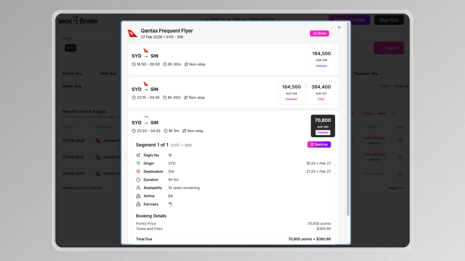 Seatfinder search results