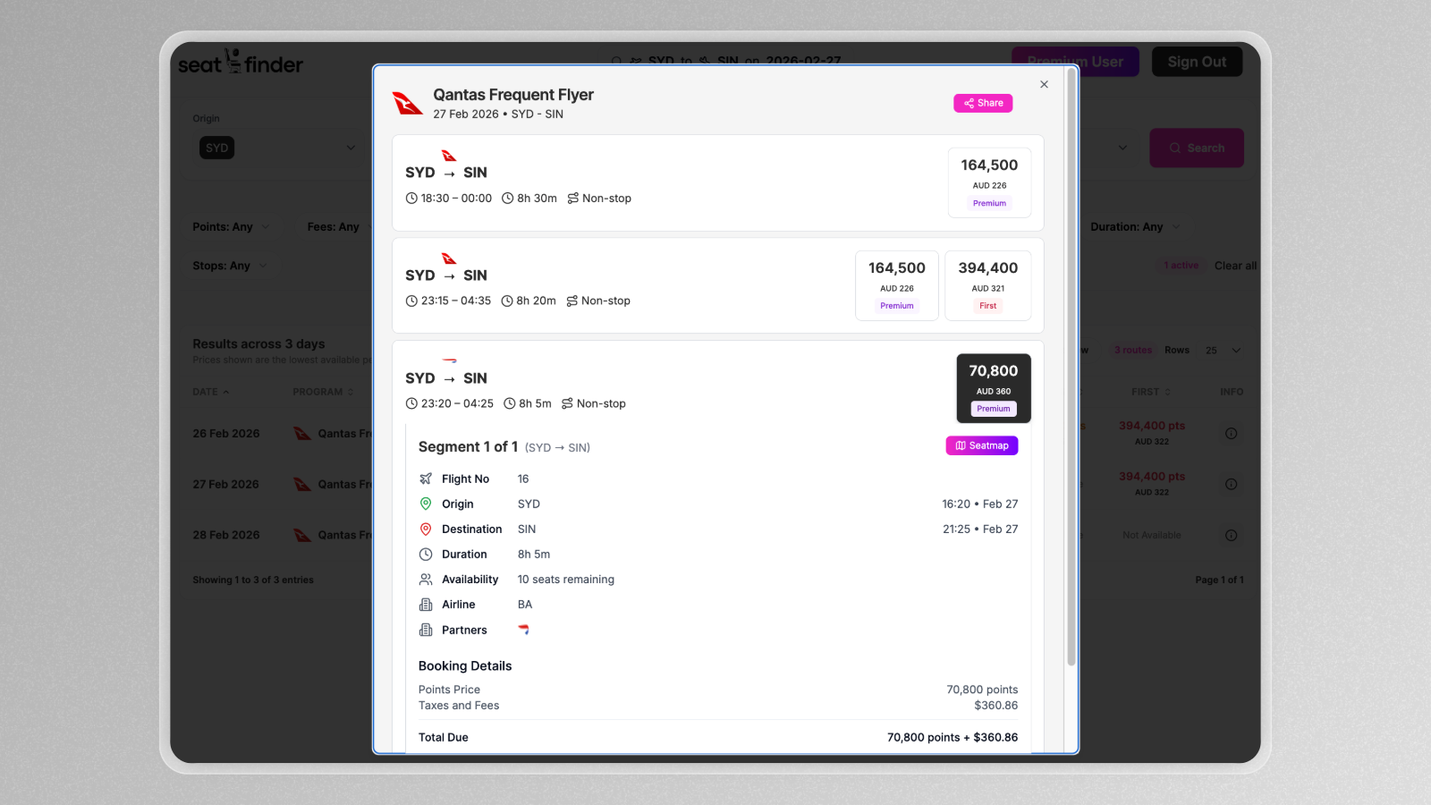 Seatfinder search results