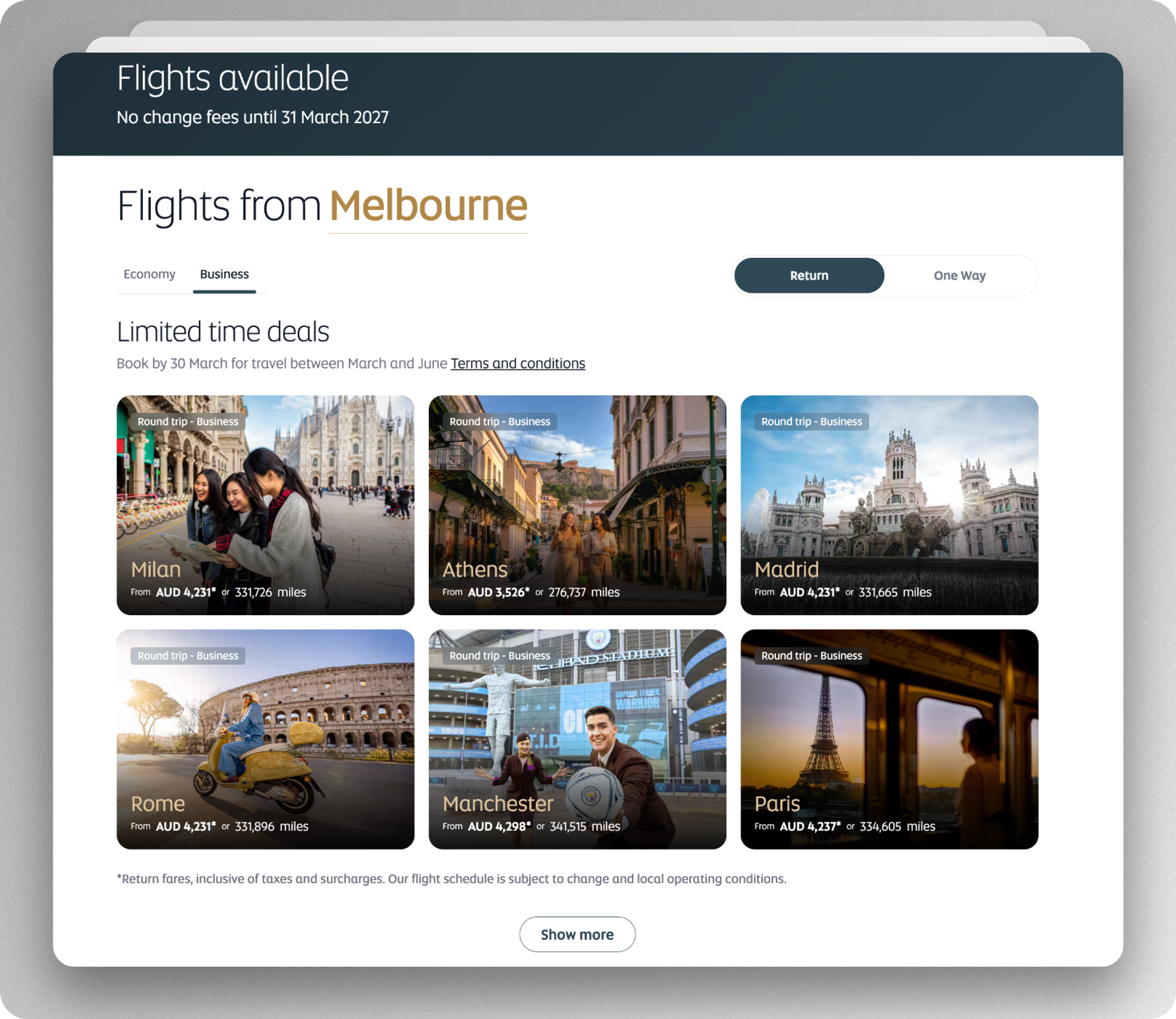 Etihad business class deals to Europe