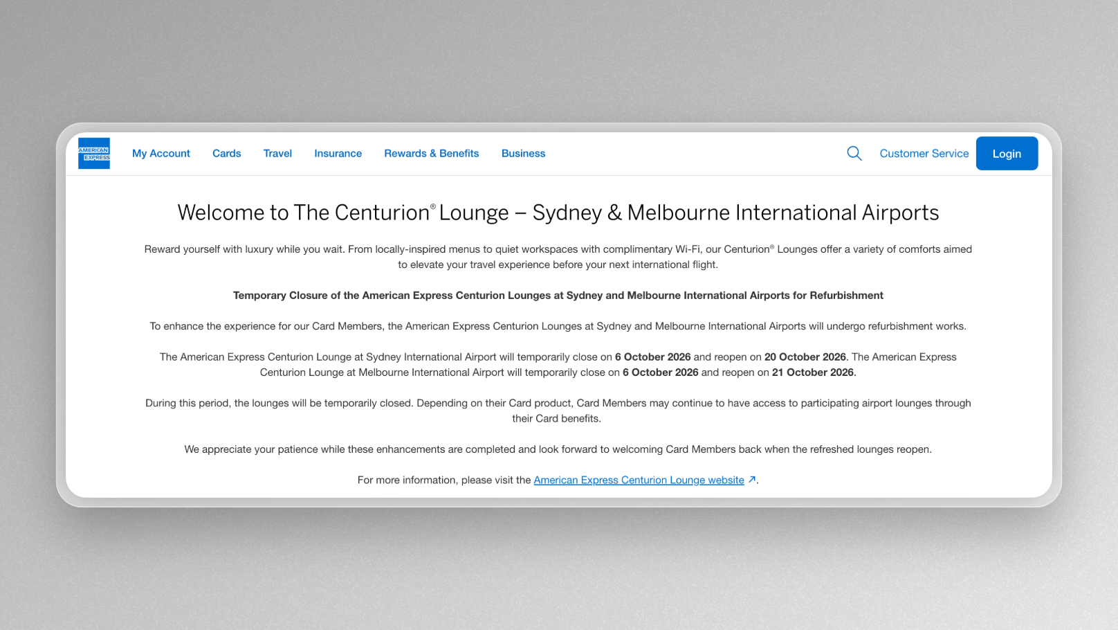 Amex plans to refresh it's Australian Centurion Lounges in October 2026