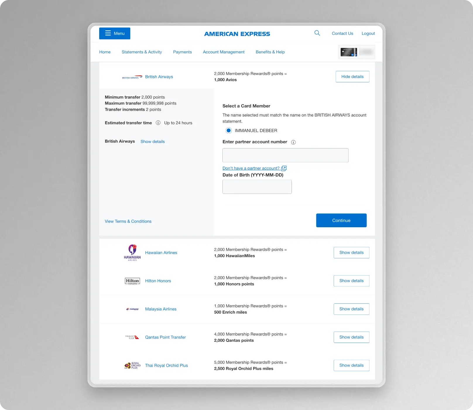 American Express Membership Rewards transfer to British Airways