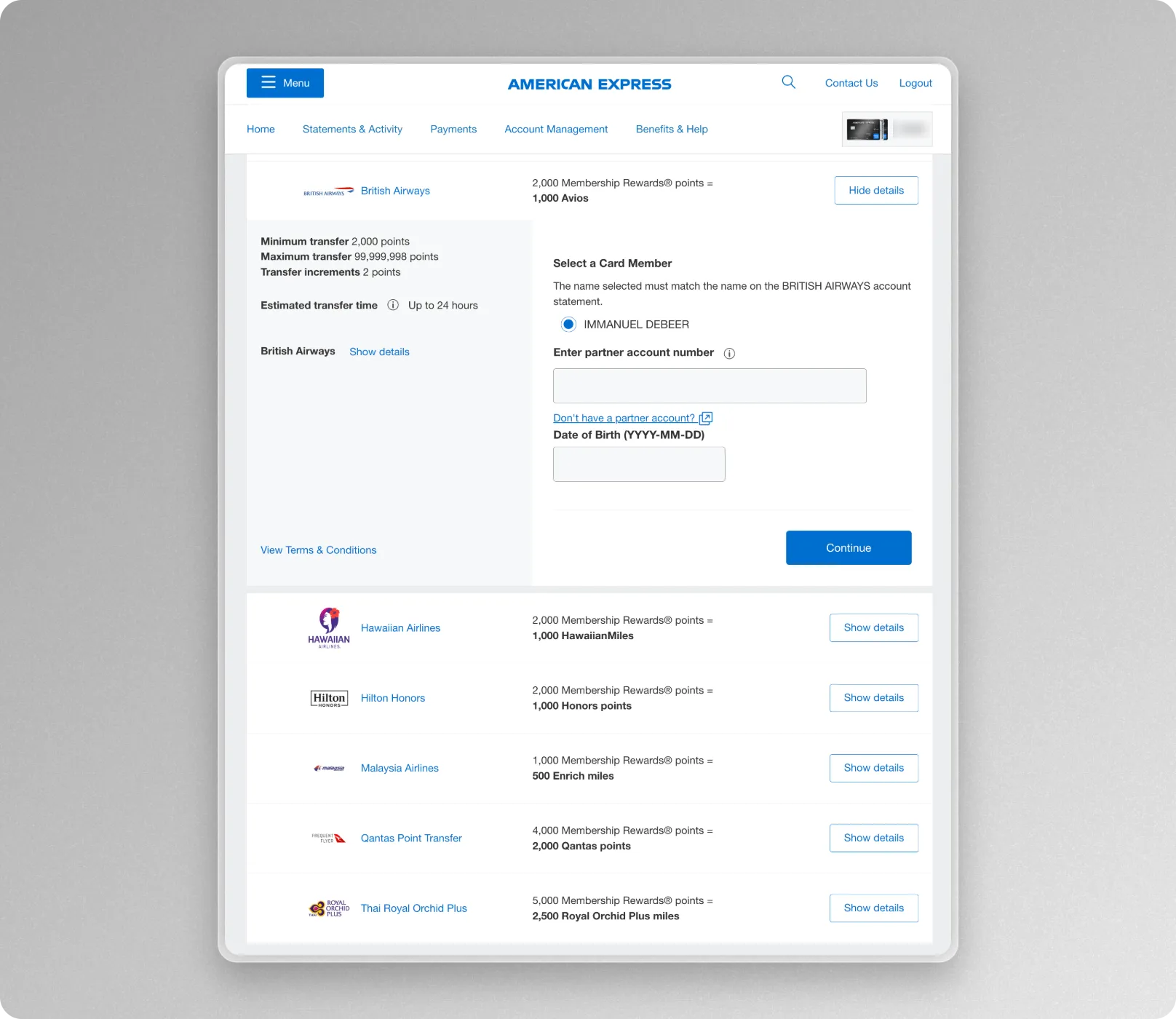 American Express Membership Rewards transfer to British Airways