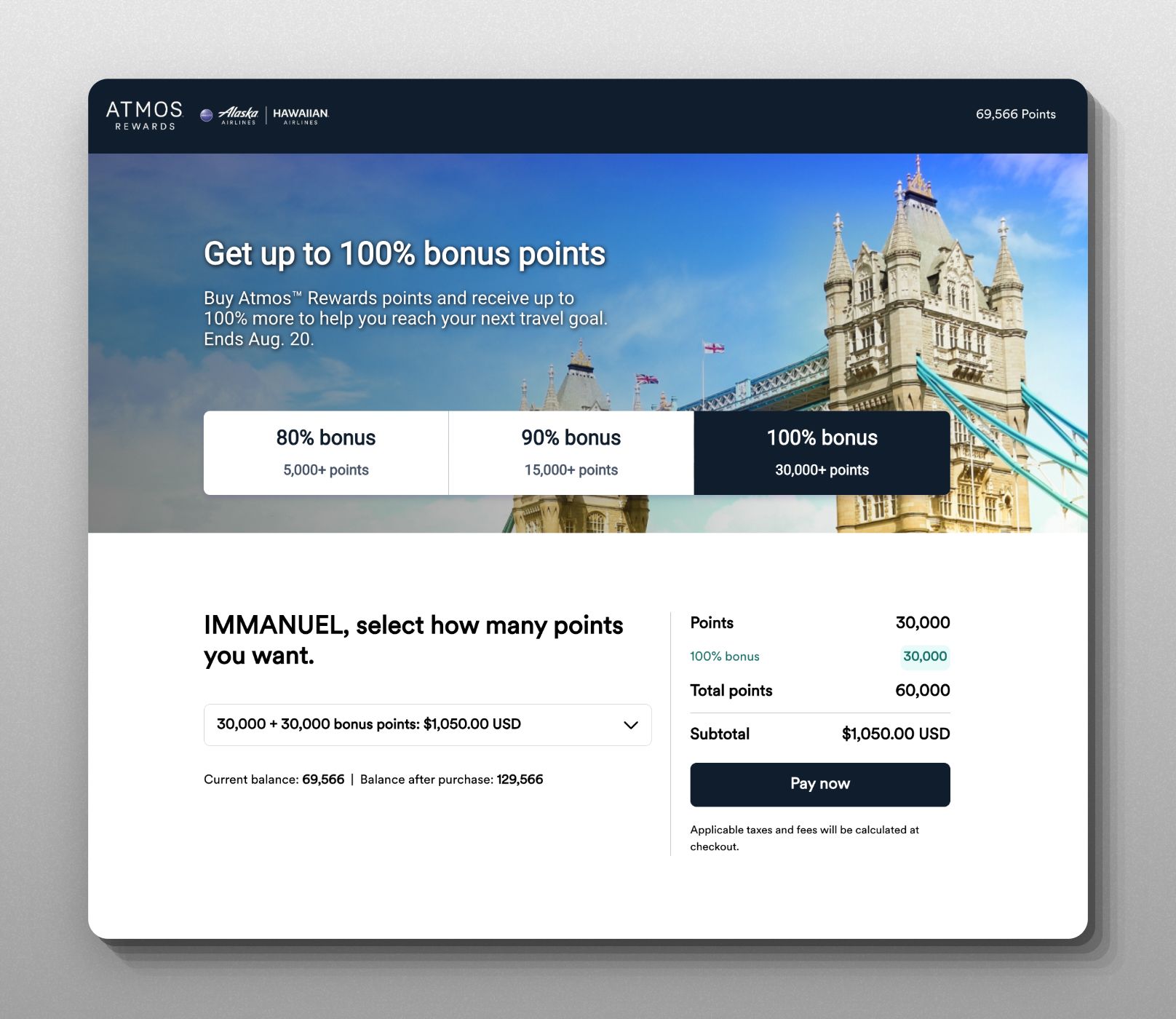 Alaska Atmos Rewards with 100% bonus
