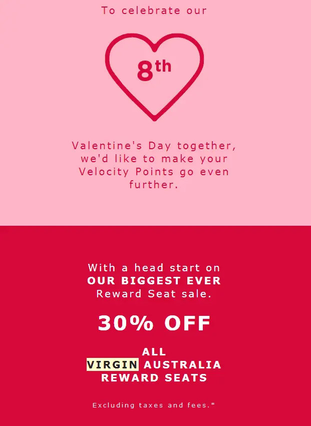Virgin Australia 30% Discount On Reward Flights 8th