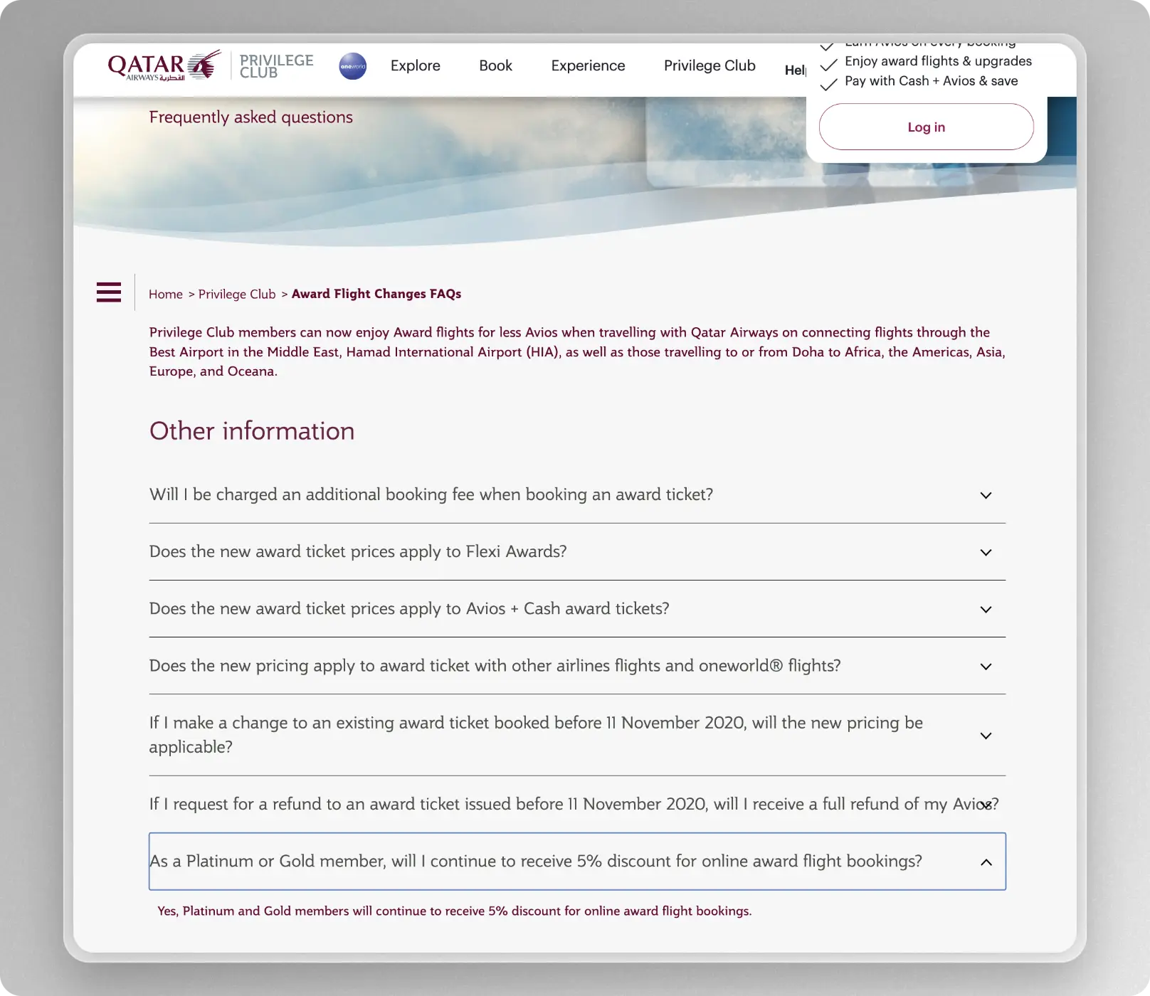 Qatar Airways discount on award tickets