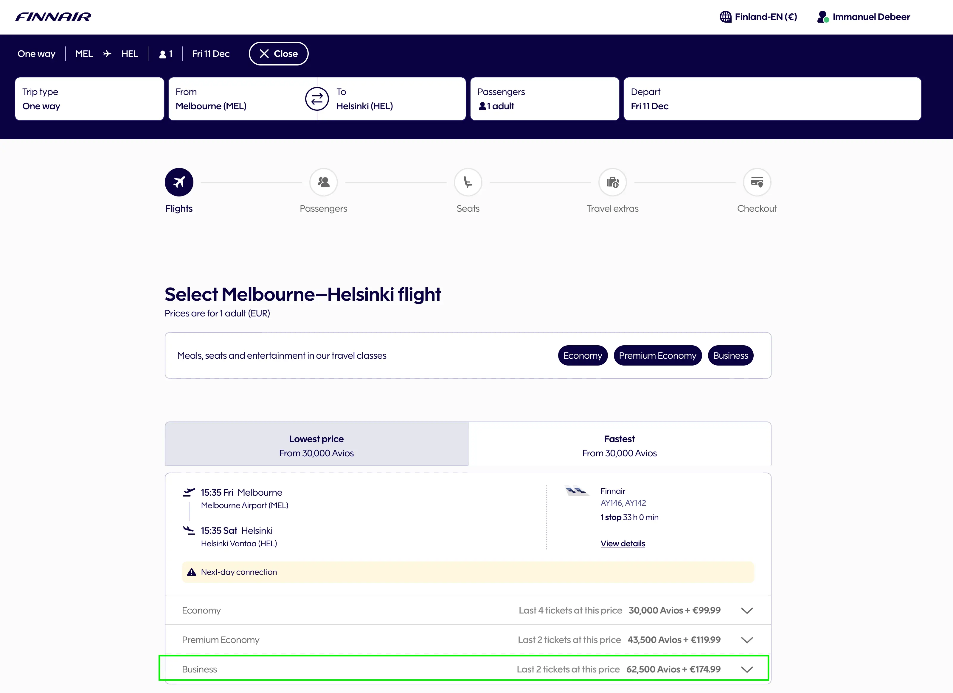 Finnair error redemption using Avios for HEL-MEL